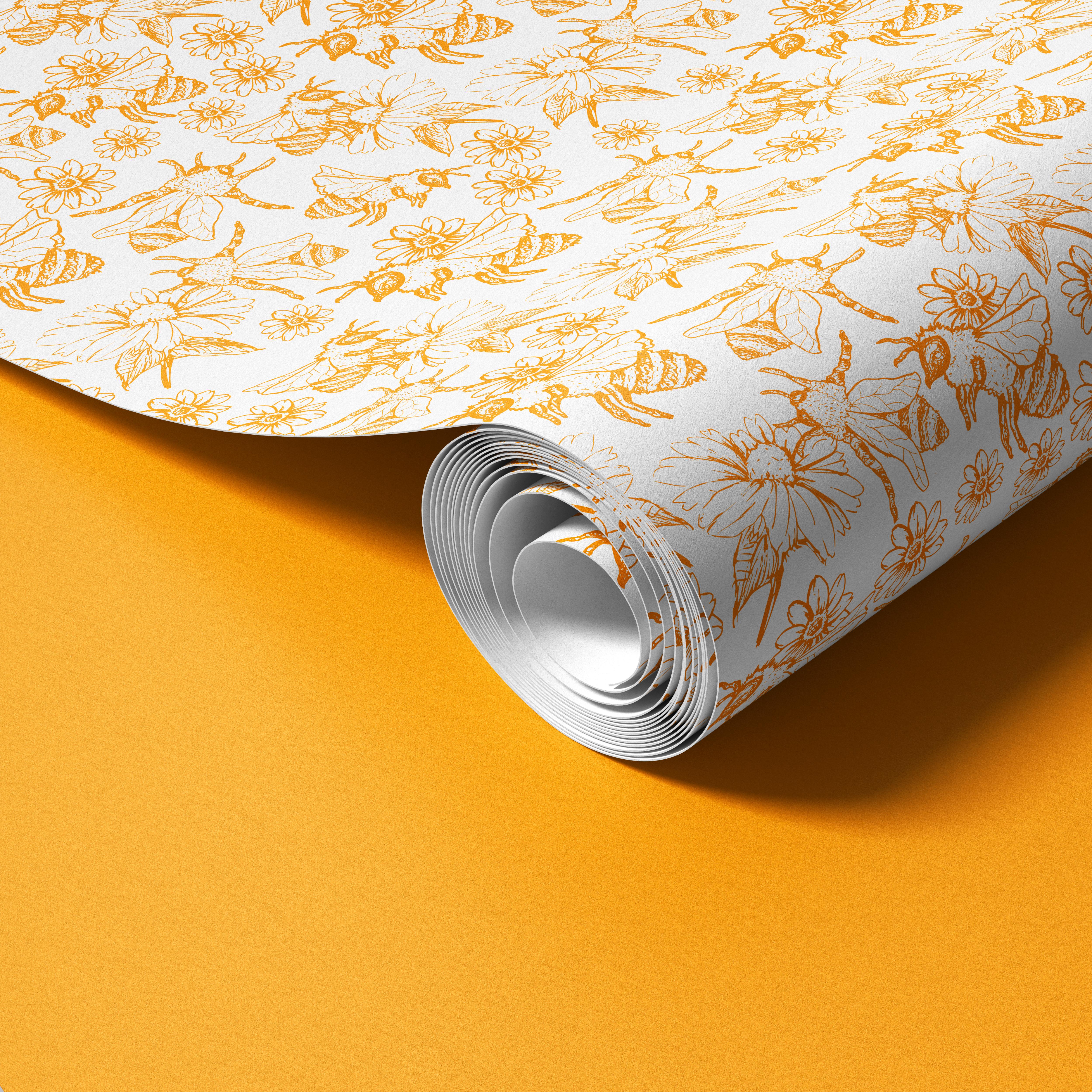 Contact paper 1125: A vintage-inspired contact paper featuring hand-drawn bees and wildflowers in a warm golden hue on a soft white background. Perfect for adding a whimsical and nature-inspired touch to walls, furniture, or accent spaces.