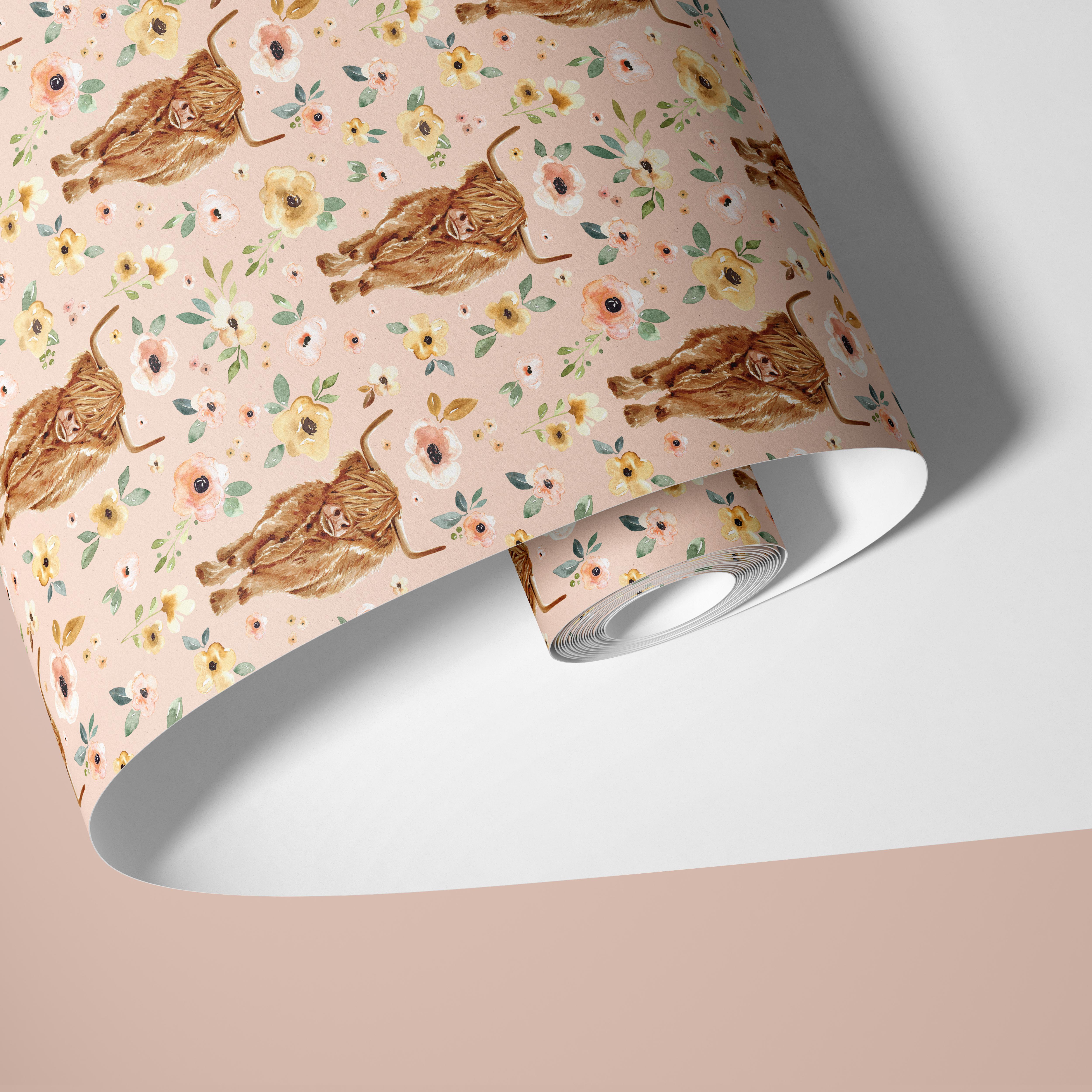 Highland Cow Floral Contact Paper | Peel And Stick Wallpaper | Removable Wallpaper | Shelf Liner | Drawer Liner Peel and Stick Paper 1159