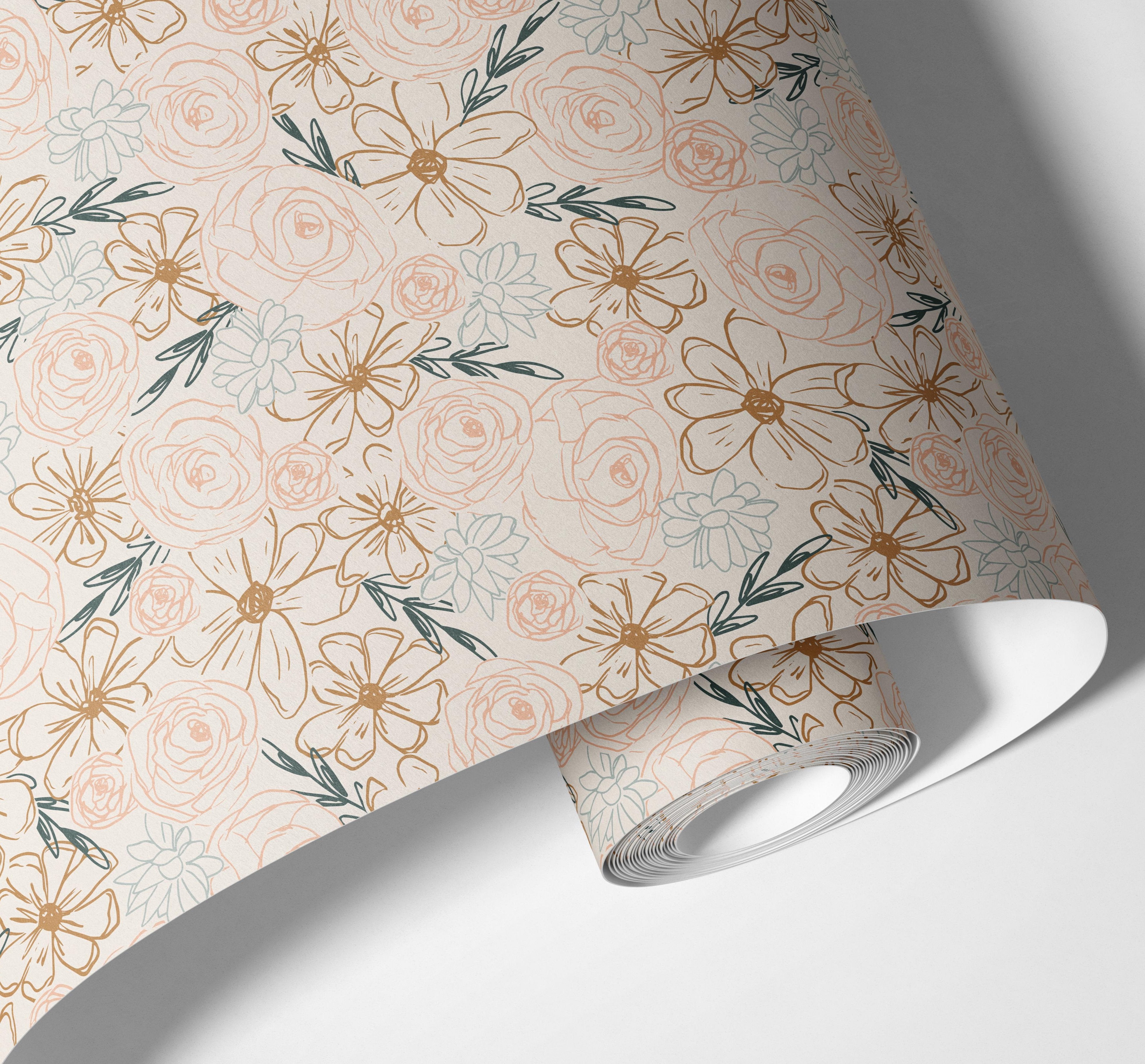 Cream Boho Floral Contact Paper | Peel And Stick Wallpaper | Removable Wallpaper | Shelf Liner | Drawer Liner | Peel and Stick Paper 1282