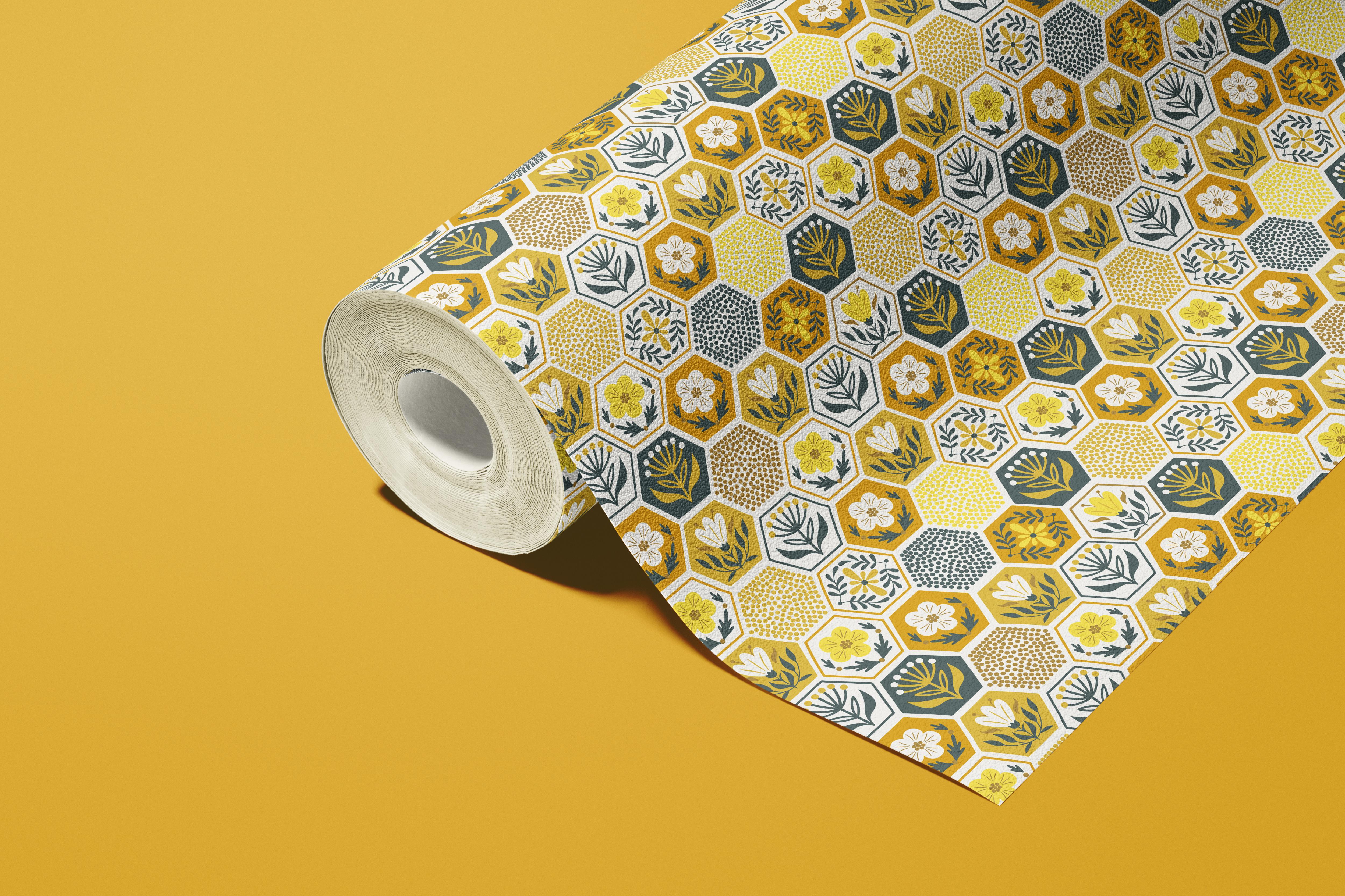 Contact paper 1357: A floral honeycomb contact paper featuring intricate hand-drawn hexagons filled with delicate flowers and leaves in warm mustard, navy, and white tones, creating a vintage-inspired geometric pattern.