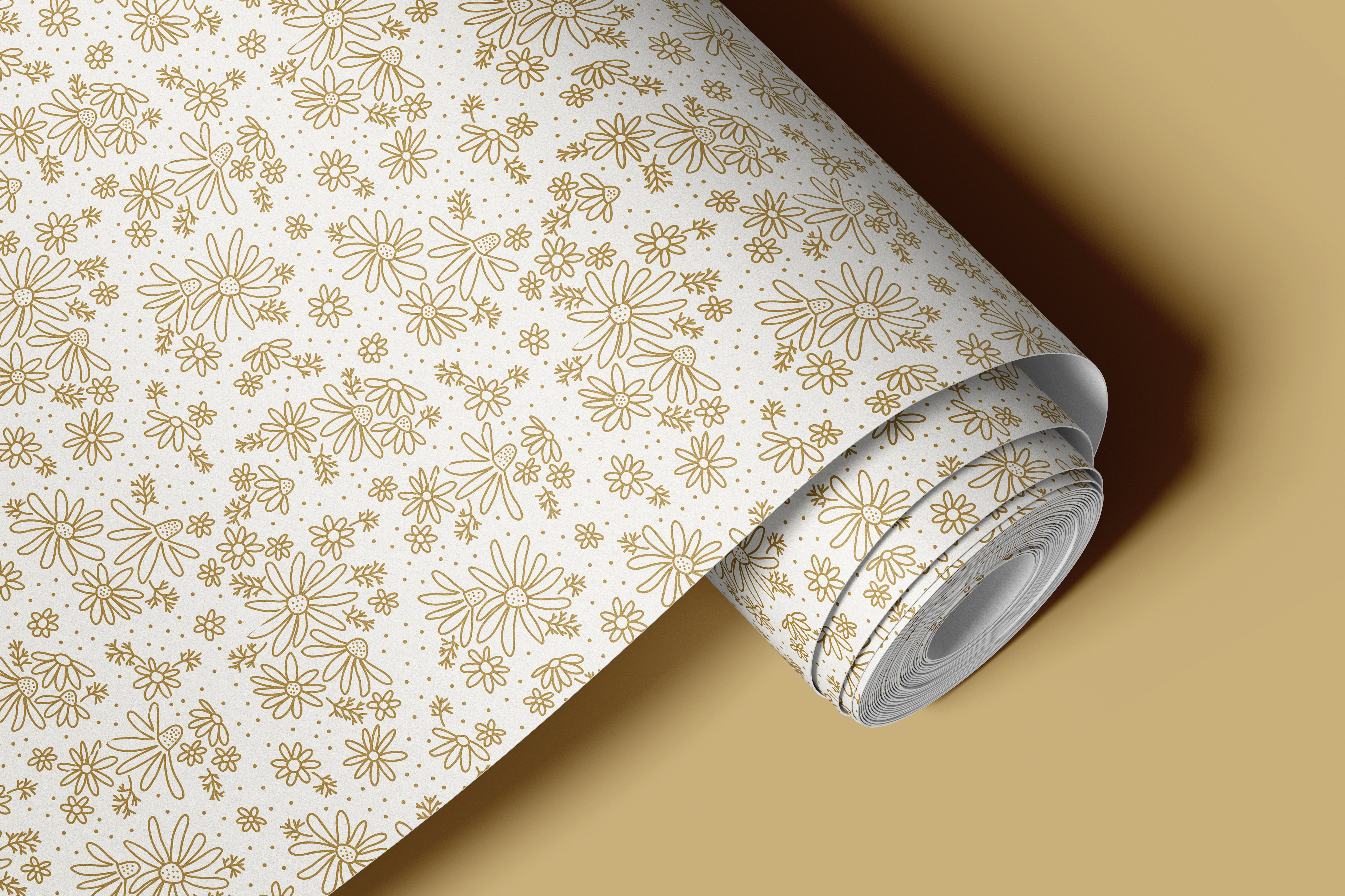 Contact paper 1363: A hand-drawn floral contact paper featuring delicate golden daisy sketches on a soft white background, creating a minimalist and vintage-inspired botanical aesthetic.