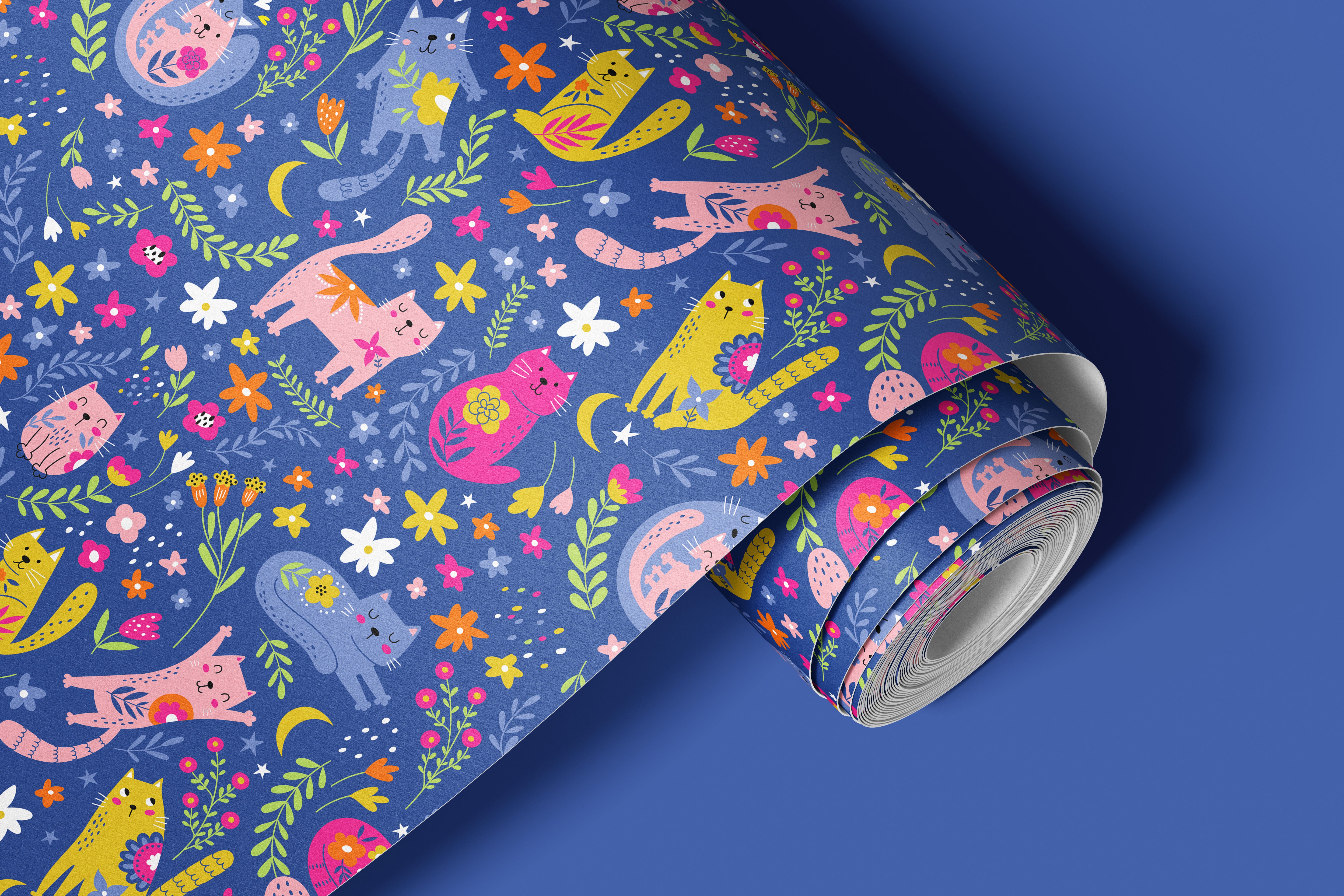 Contact Paper 1390: A playful and colorful contact paper featuring whimsical cats surrounded by bright flowers, crescent moons, and botanical accents on a deep blue background, perfect for cat lovers and cheerful decor.