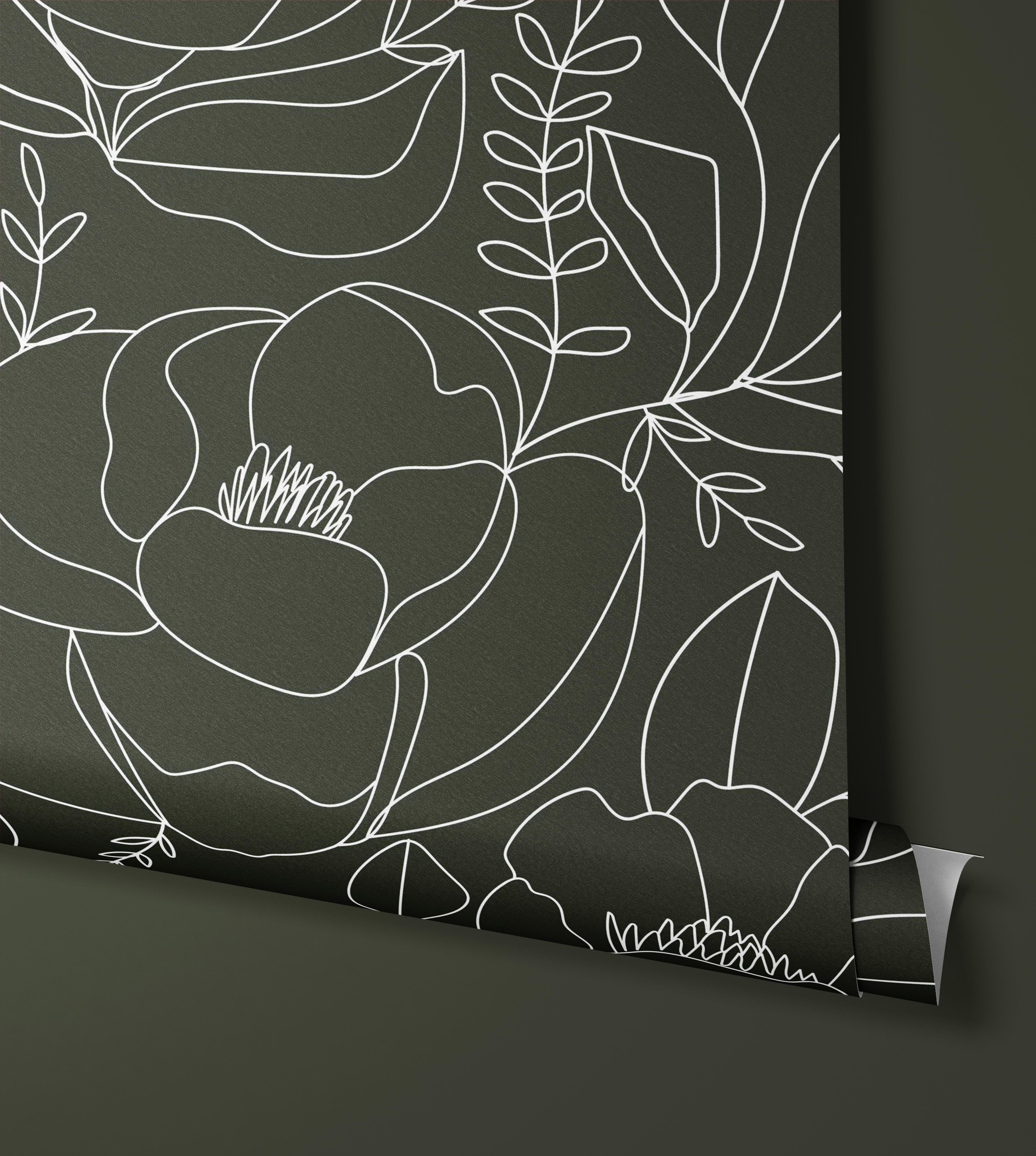 Wallpaper of a large peony flower don in line art on a dark green background.
