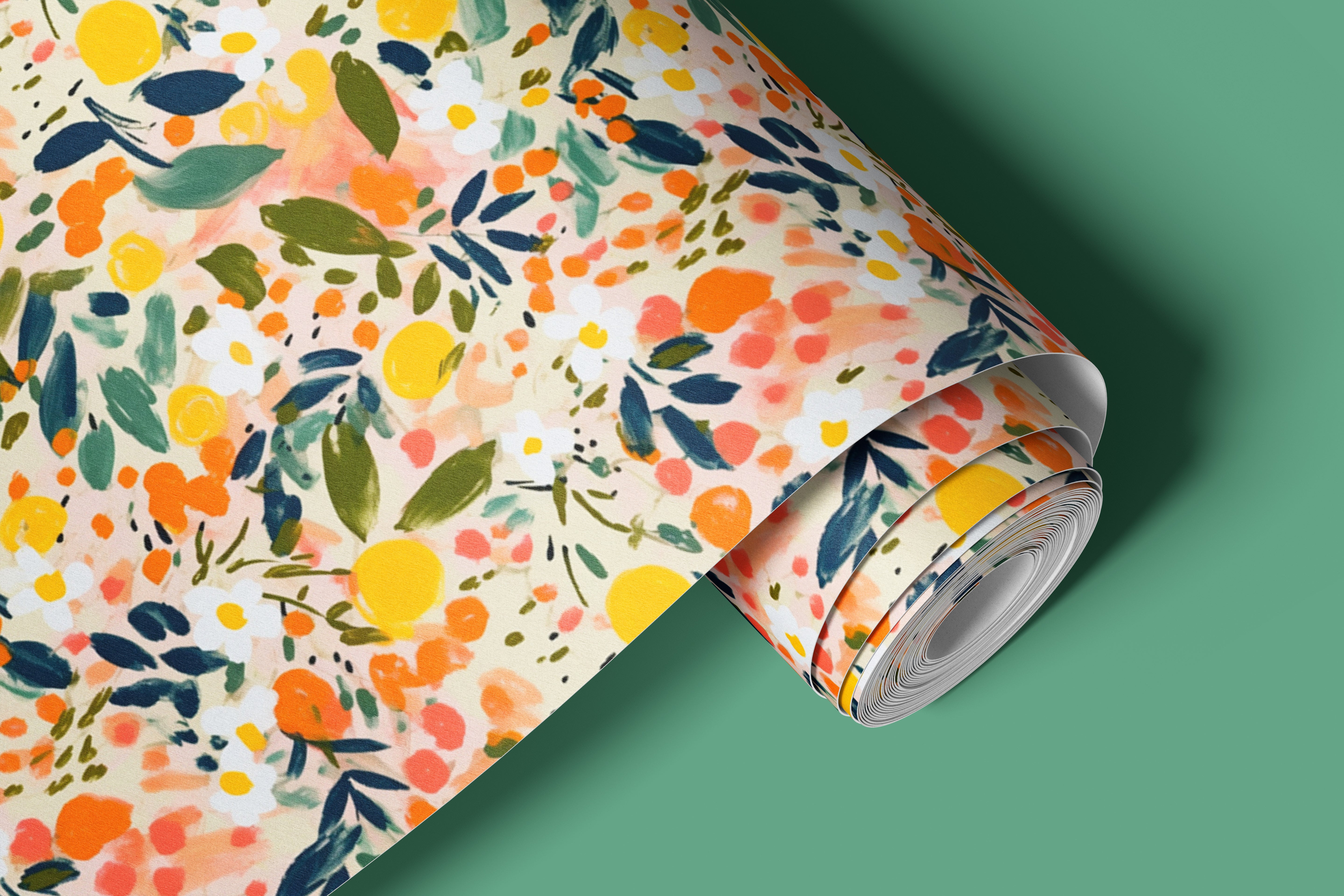 Contact paper 1859: A vibrant fruit and floral contact paper featuring hand-painted lemons, oranges, and daisies against lush green leaves. A fresh and lively peel-and-stick design, perfect for kitchens, dining rooms, or farmhouse decor.