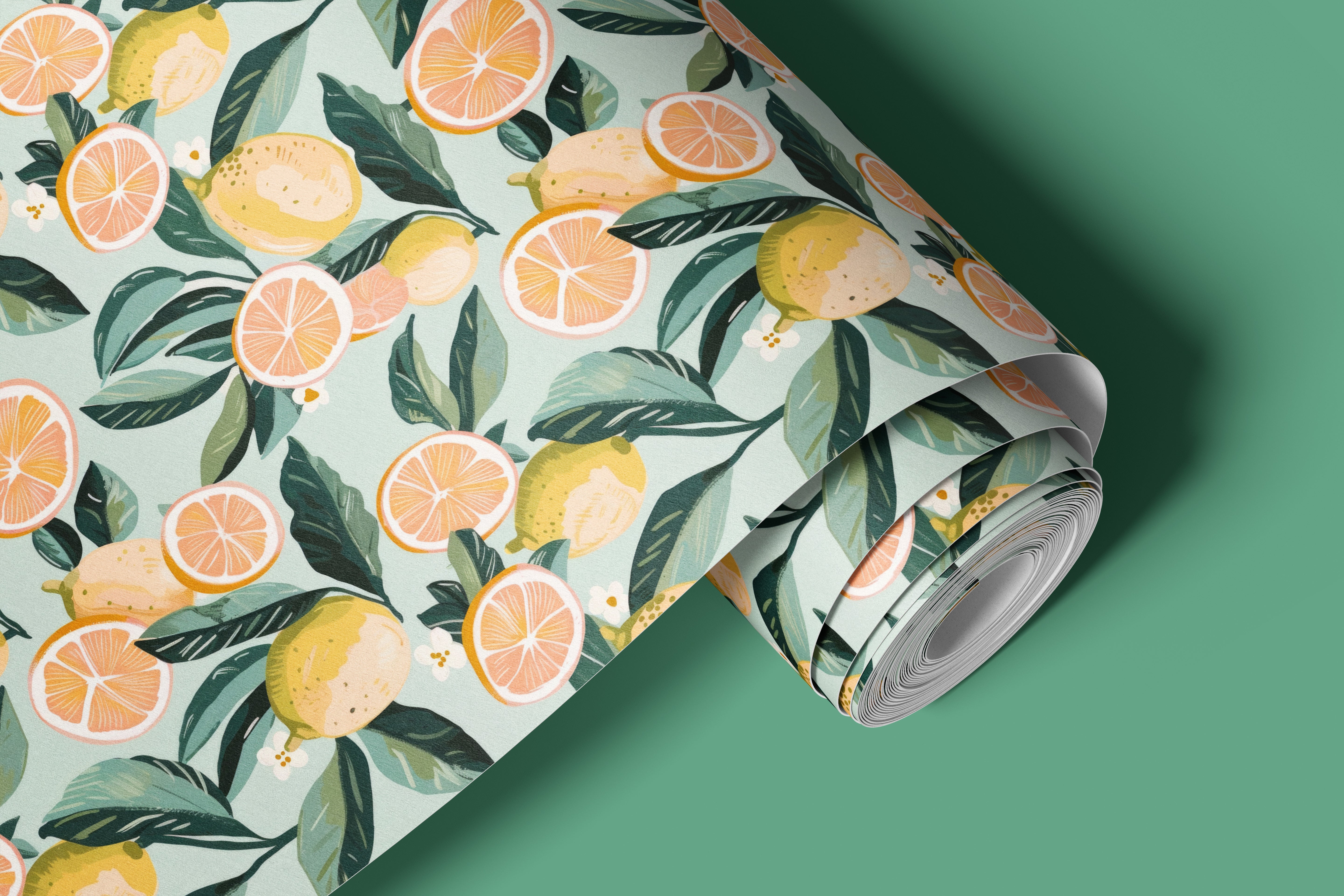 Contact paper 1860: A vibrant peel-and-stick contact paper featuring a hand-painted citrus design with lemons, oranges, and green leaves on a soft sage green background. The pattern includes whole lemons, orange slices, and delicate white citrus blossoms, creating a fresh and summery feel. Ideal for kitchen backsplashes, furniture makeovers, and DIY home decor projects.