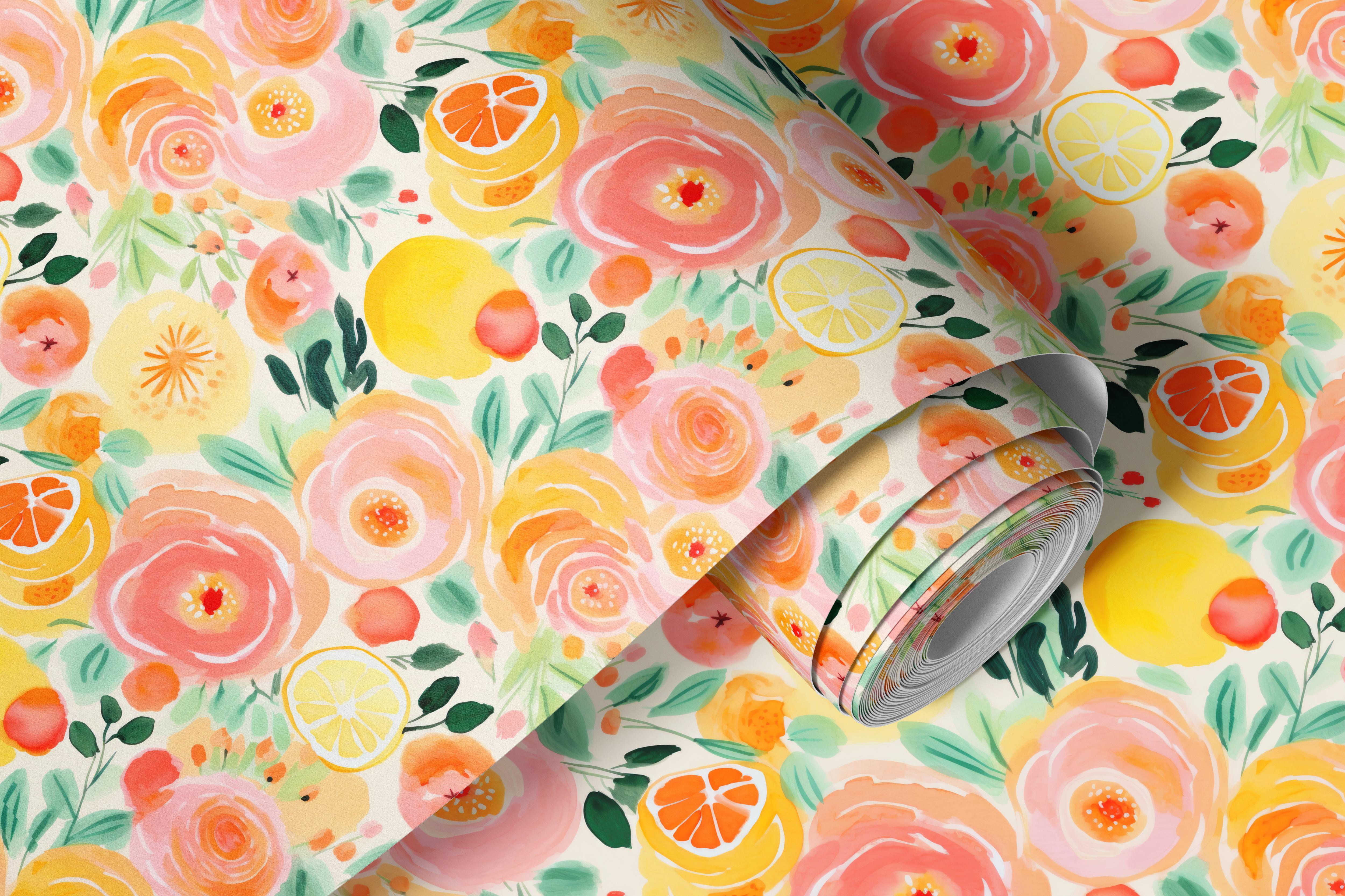 Contact 1890: A roll of watercolor floral paper featuring hand-painted pink peonies, citrus fruits, and lush green leaves on a soft cream background, perfect for a fresh and vibrant interior.