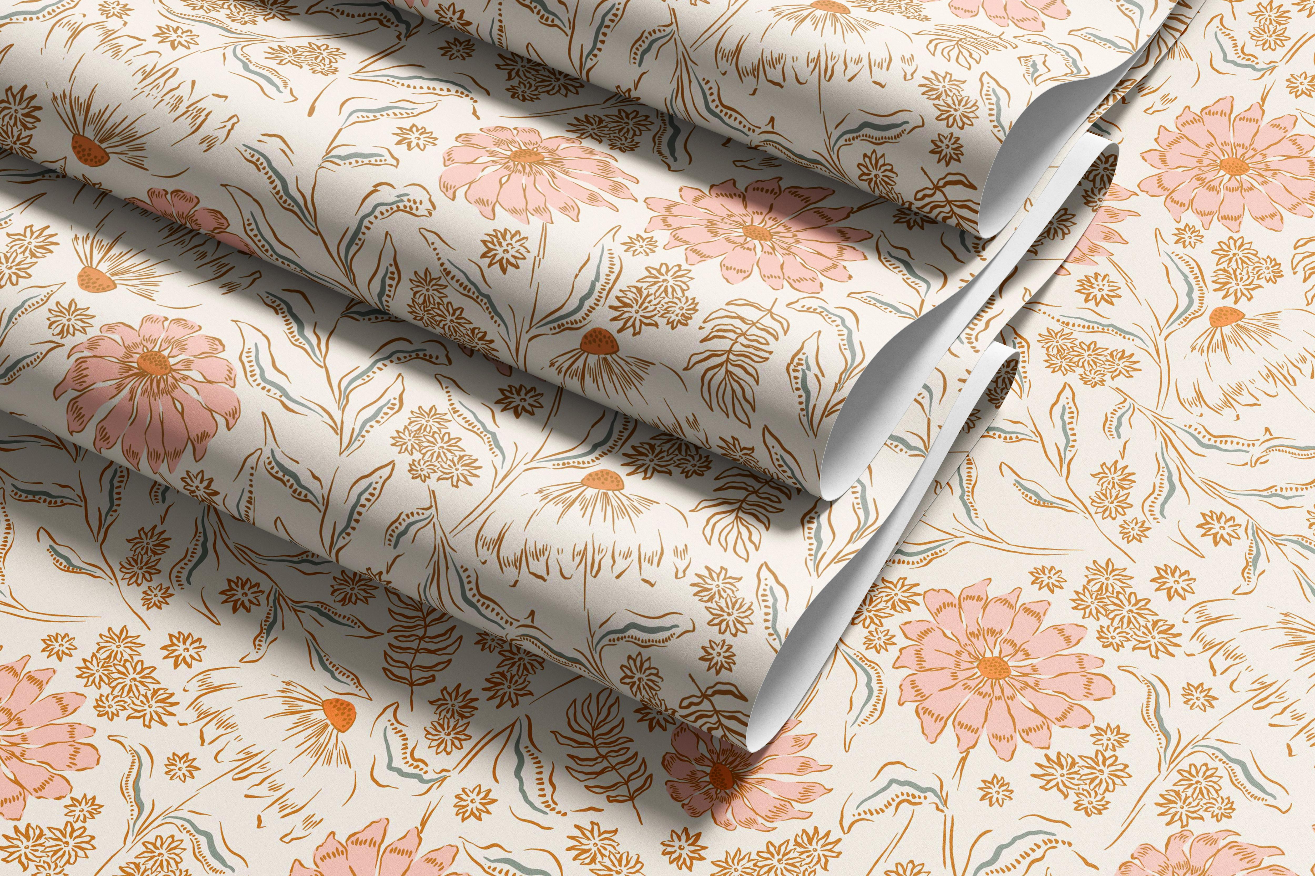  Contact Paper 1894:  "A vintage-inspired floral contact paper featuring delicate hand-drawn pink and golden flowers with intricate botanical details on a soft cream background. Ideal for adding a warm, romantic touch to walls, furniture, and accent spaces.