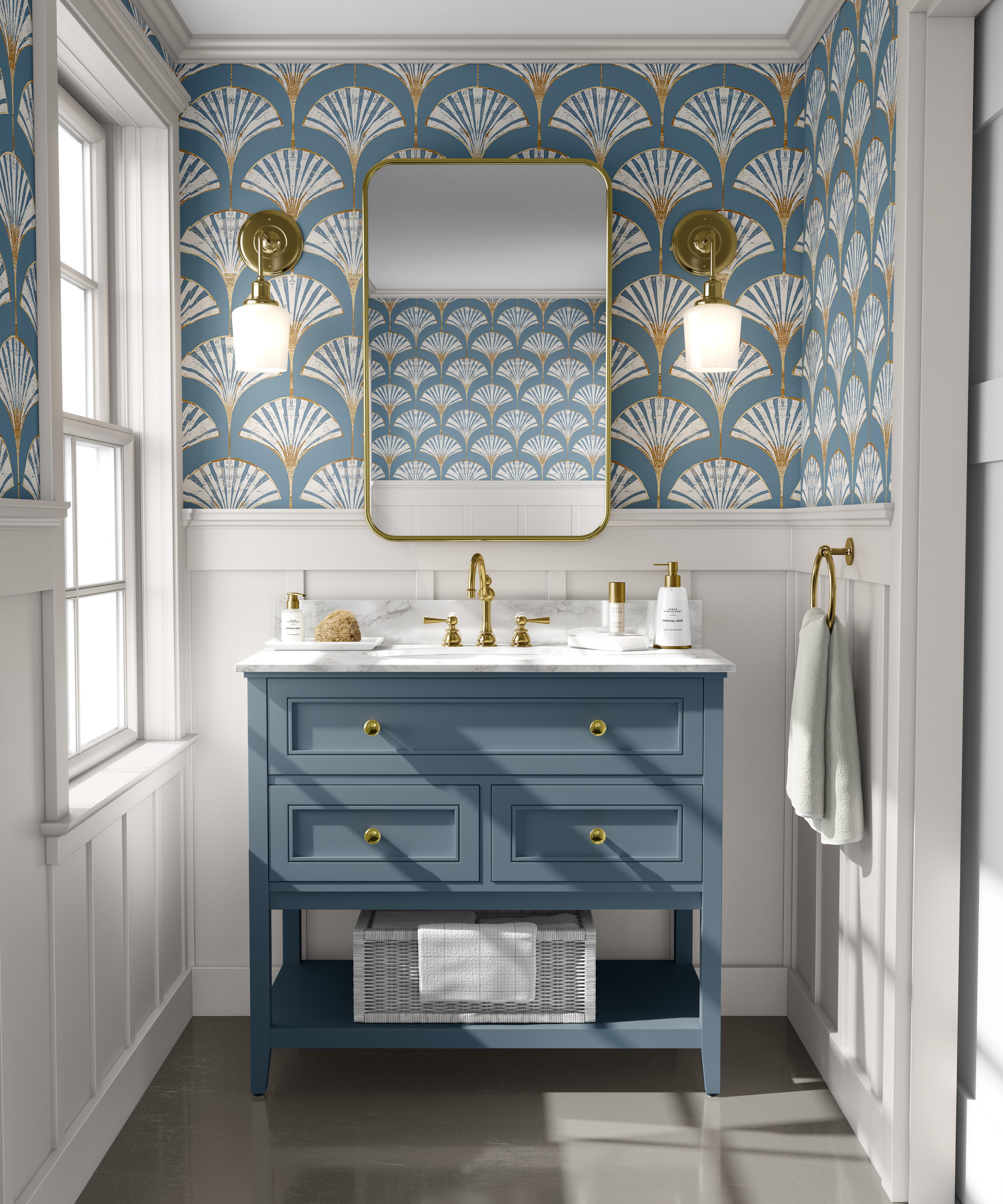 Wallpaper 1914: A luxurious bathroom featuring Art Deco fan-patterned wallpaper in blue and gold, with an elegant vintage vanity and gold accents.