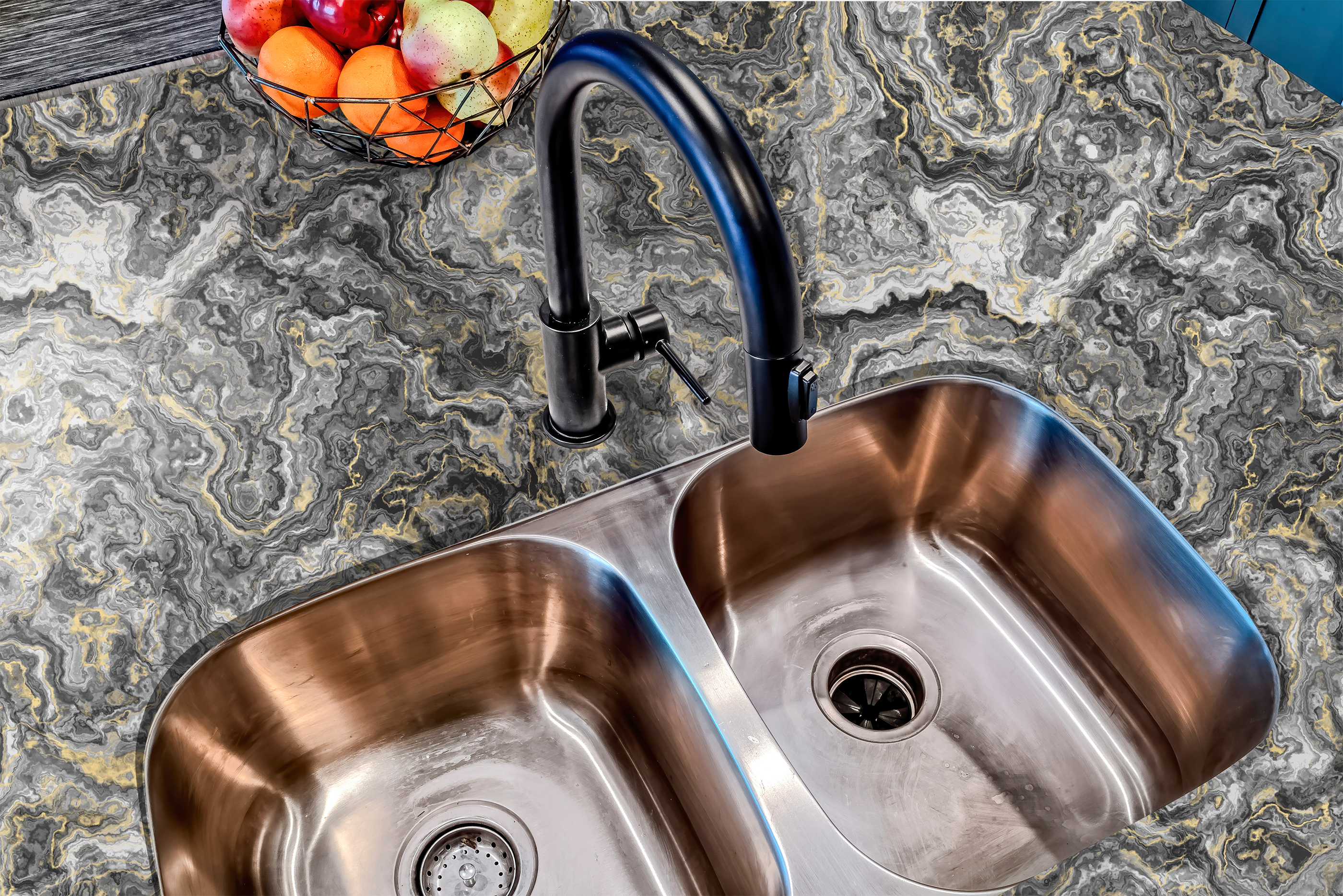 Countertop film 47: A luxurious black and gold agate countertop film with swirling smoky onyx veining, applied around a modern kitchen sink. The waterproof adhesive wrap creates a bold and elegant countertop transformation.