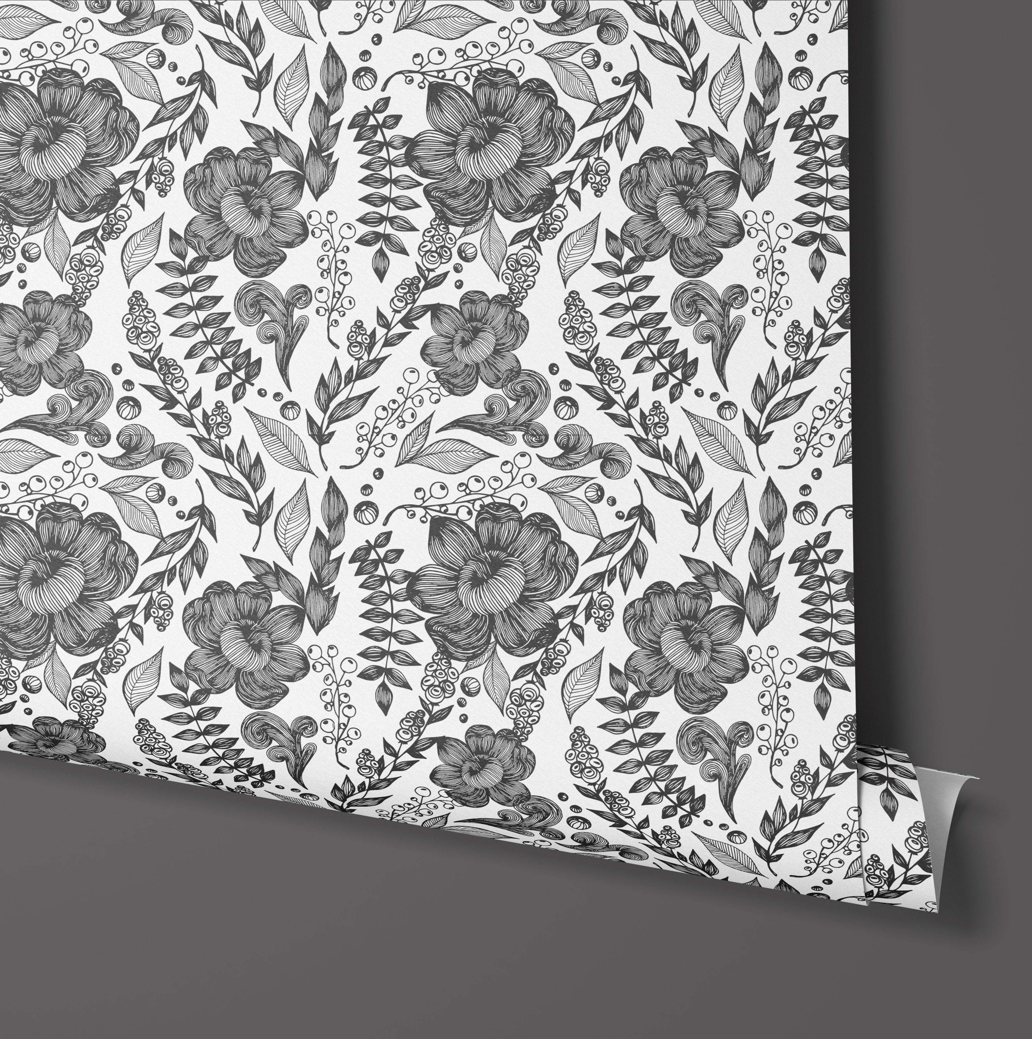 Black White Floral Contact Paper | Peel And Stick Wallpaper | Removable Wallpaper | Shelf Liner | Drawer Liner | Peel and Stick Paper 954