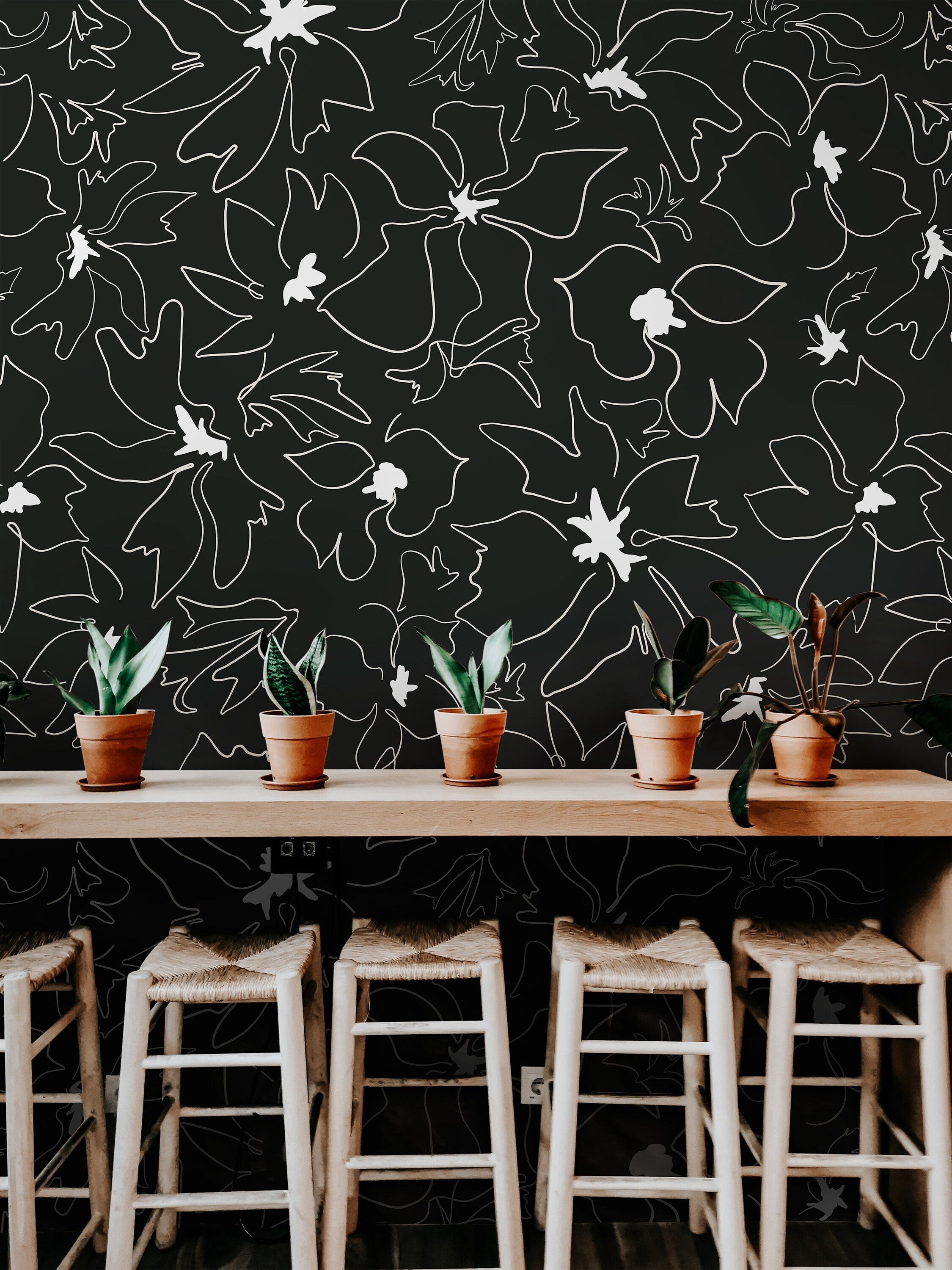 Removable Wallpaper Black White Large Floral Abstract Wallpaper | Peel And Stick Wallpaper | Adhesive Wallpaper | Wallpaper Peel Stick 1158a