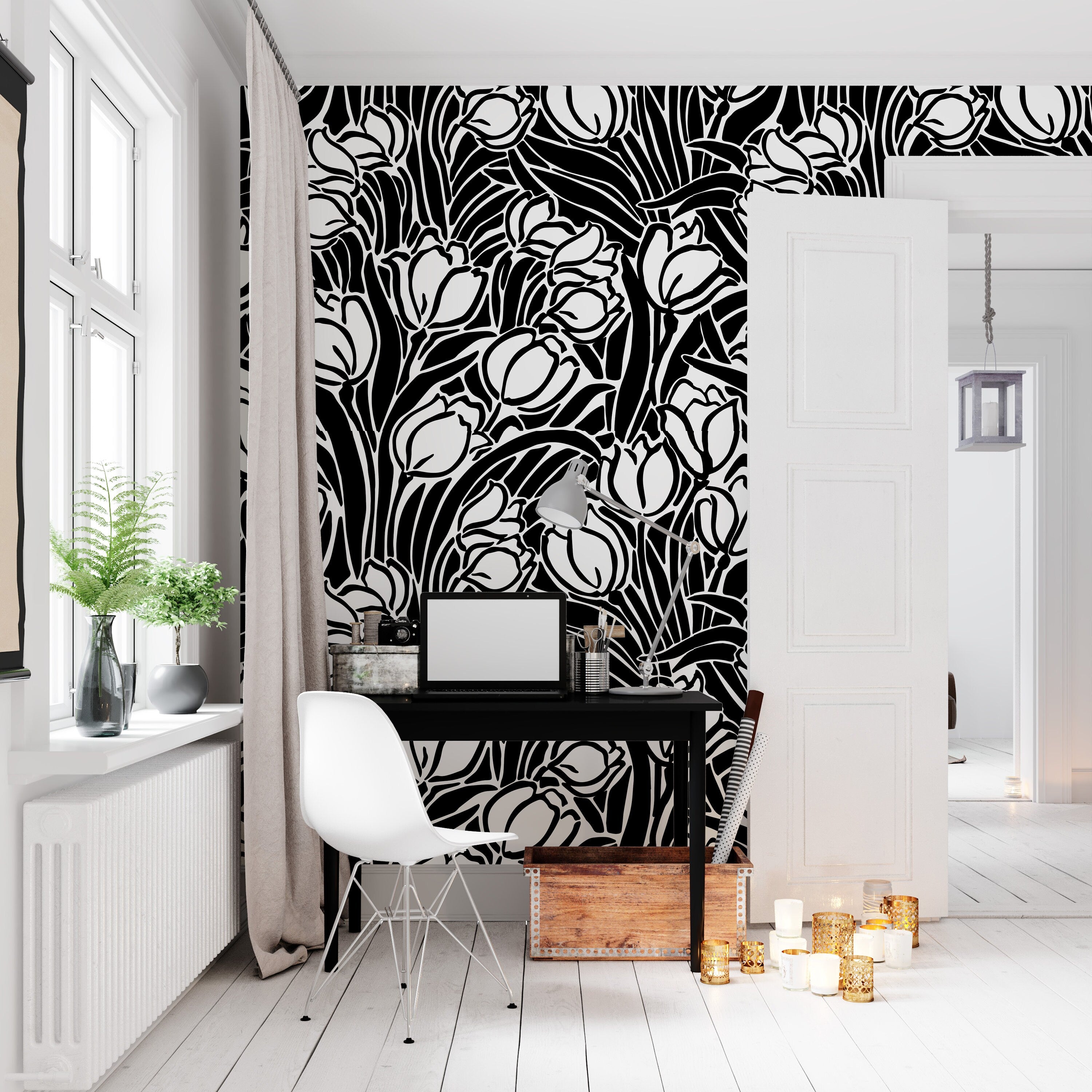 Removable Wallpaper Black White Large Floral Abstract Wallpaper | Peel And Stick Wallpaper | Adhesive Wallpaper | Wallpaper Peel Stick 1156a