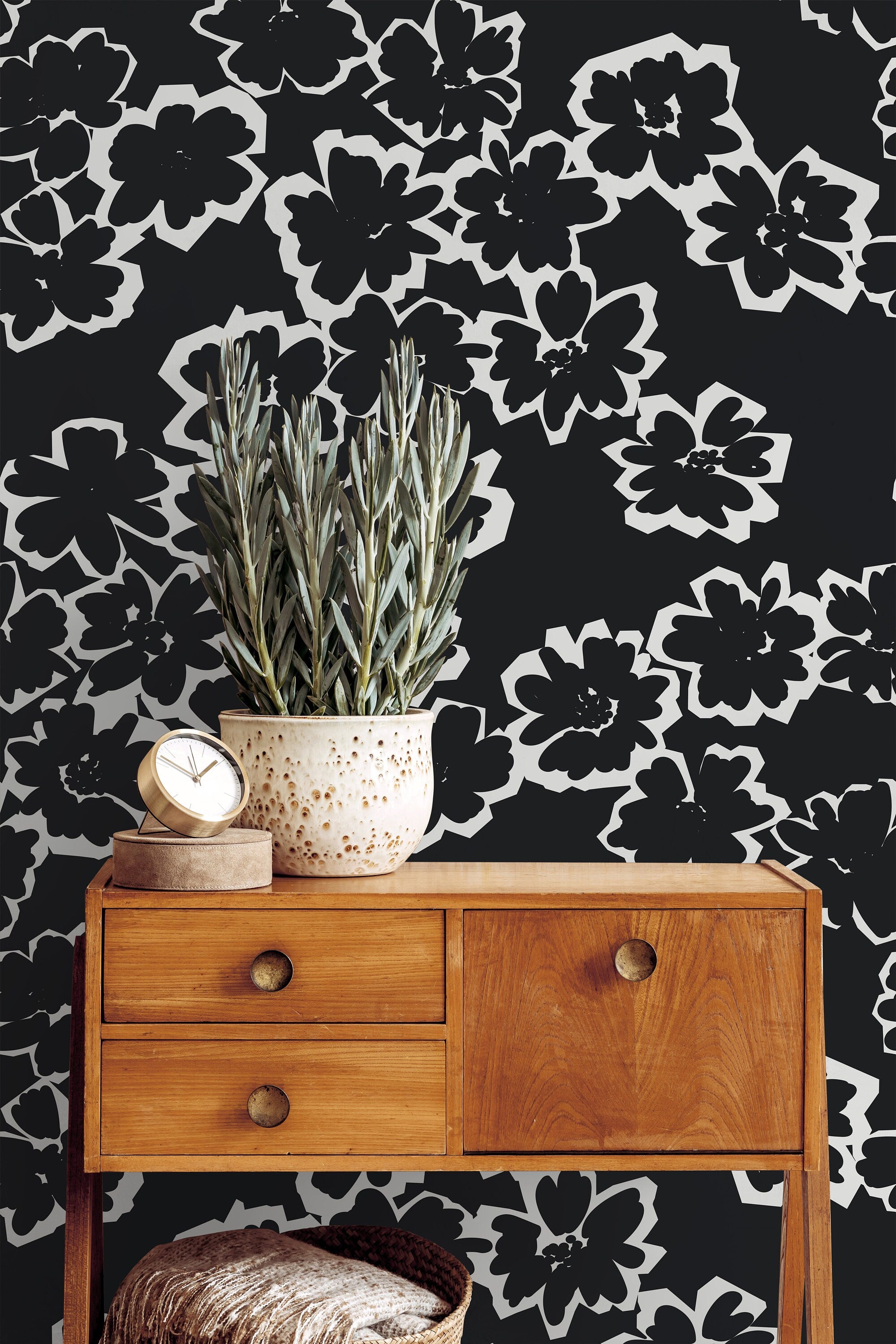 Removable Wallpaper Black White Drawn Floral Abstract Wallpaper | Peel And Stick Wallpaper | Adhesive Wallpaper | Wallpaper Peel Stick 1171a