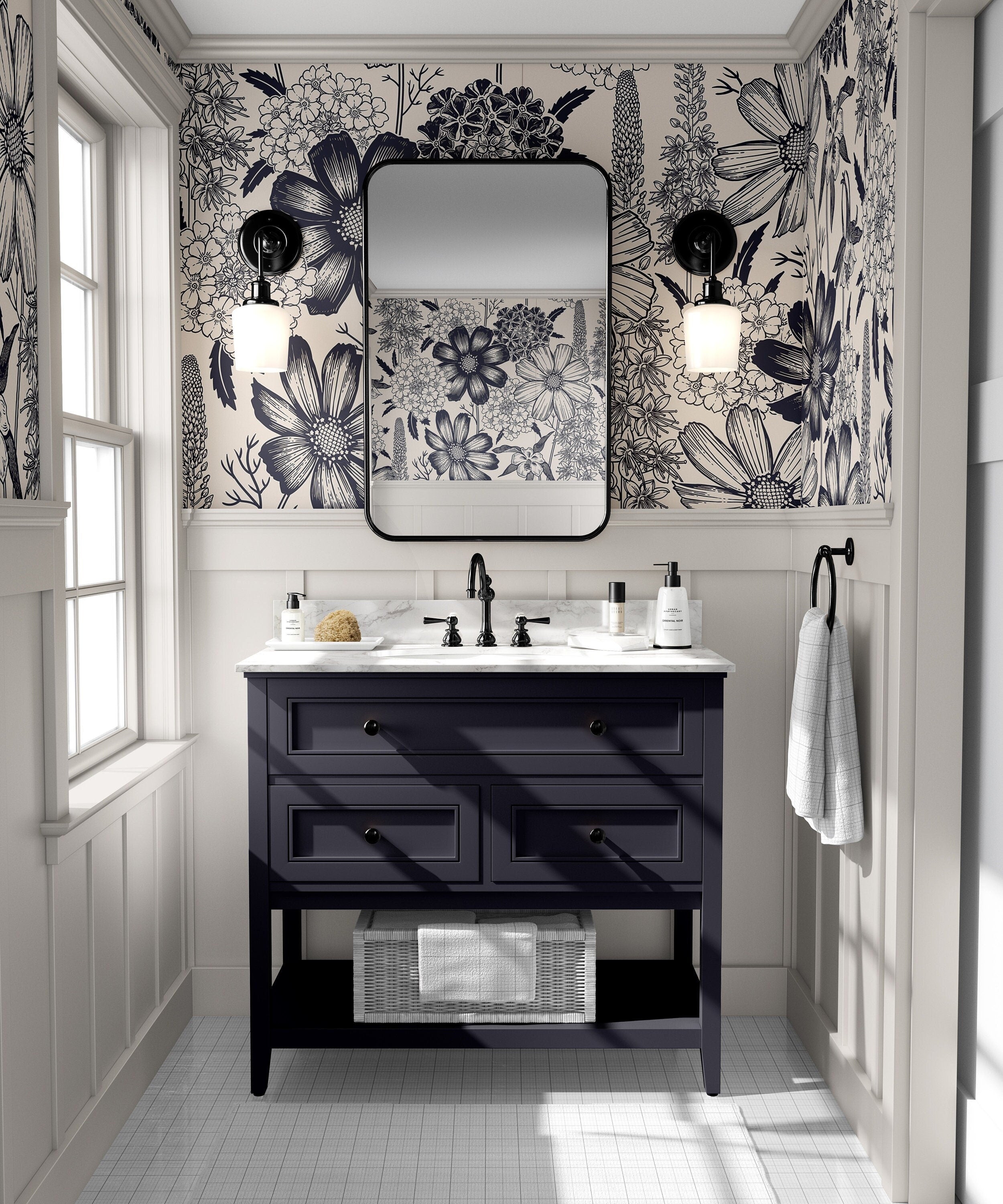 Wallpaper 466: A sophisticated bathroom with cream and navy botanical wallpaper featuring hand-drawn flowers, paired with classic navy cabinetry and elegant white wainscoting.