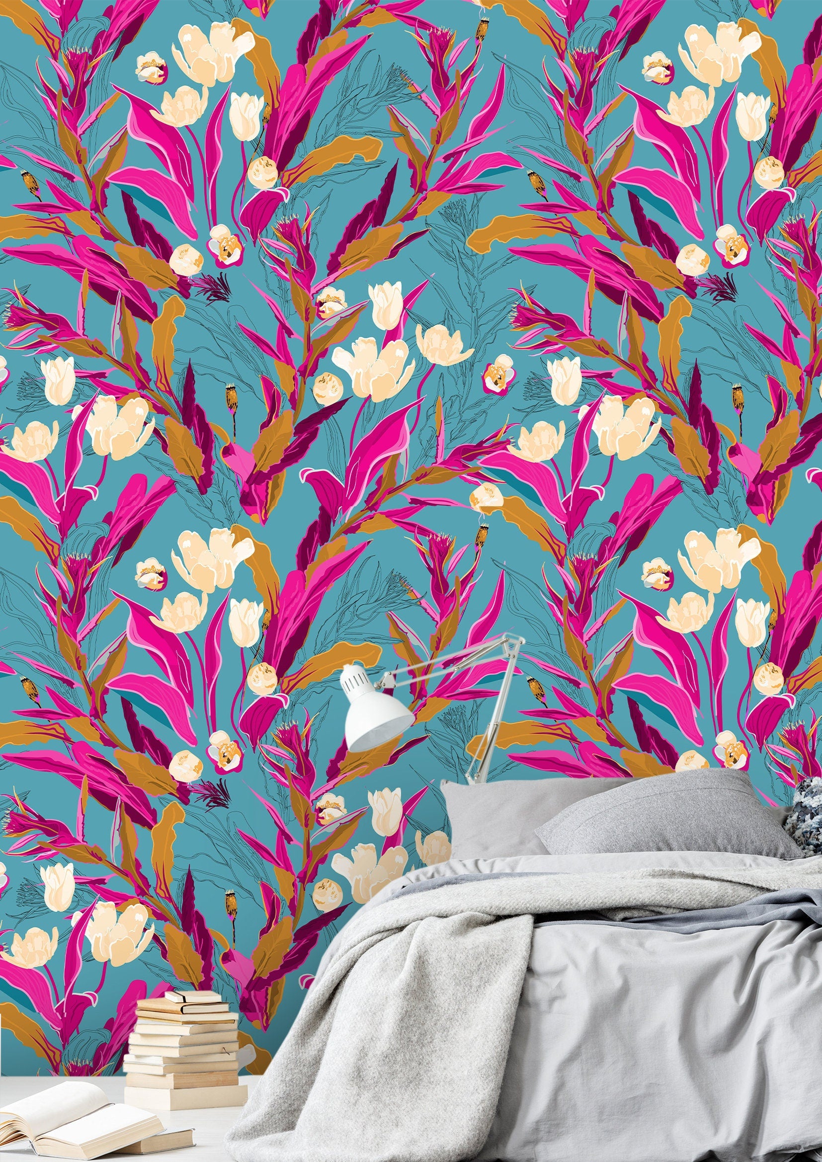 Blue Tropical Floral Wallpaper | Wallpaper Peel and Stick | Removable Wallpaper | Peel and Stick Wallpaper | Wall Paper Peel And Stick  2236 - JamesAndColors