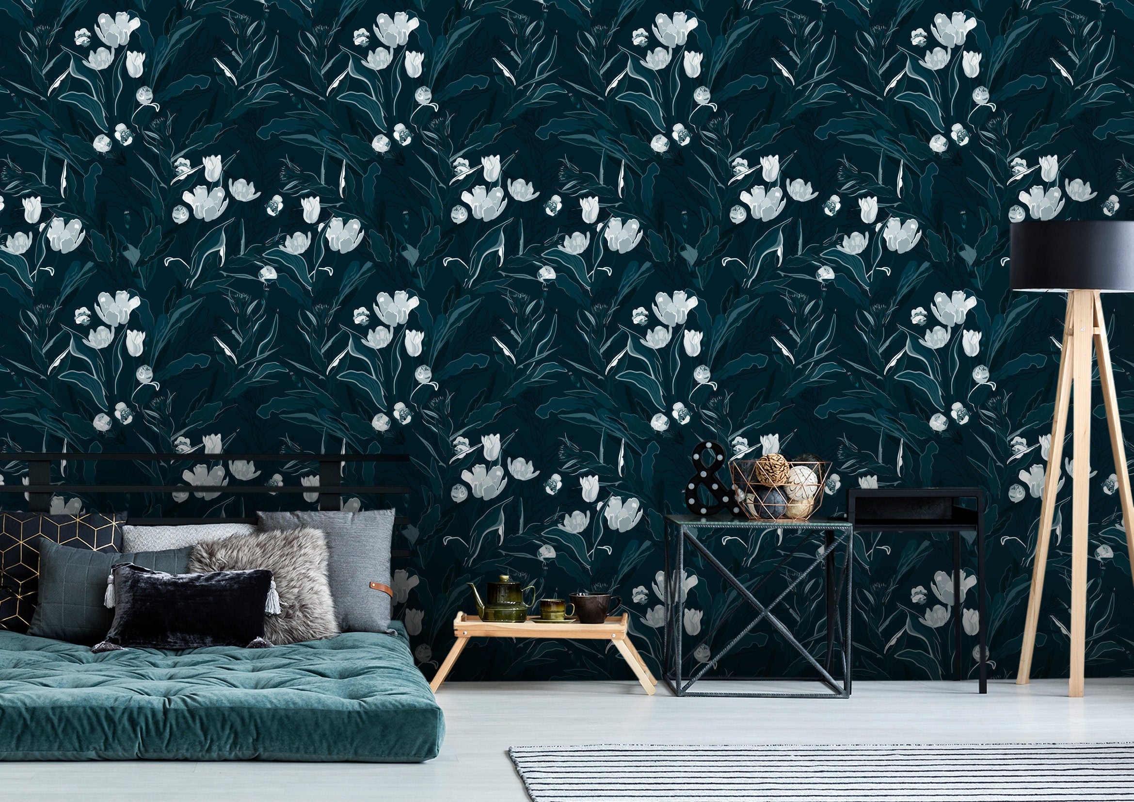 Navy Tulip Floral Wallpaper | Wallpaper Peel and Stick | Removable Wallpaper | Peel and Stick Wallpaper | Wall Paper Peel And Stick  2110 - JamesAndColors