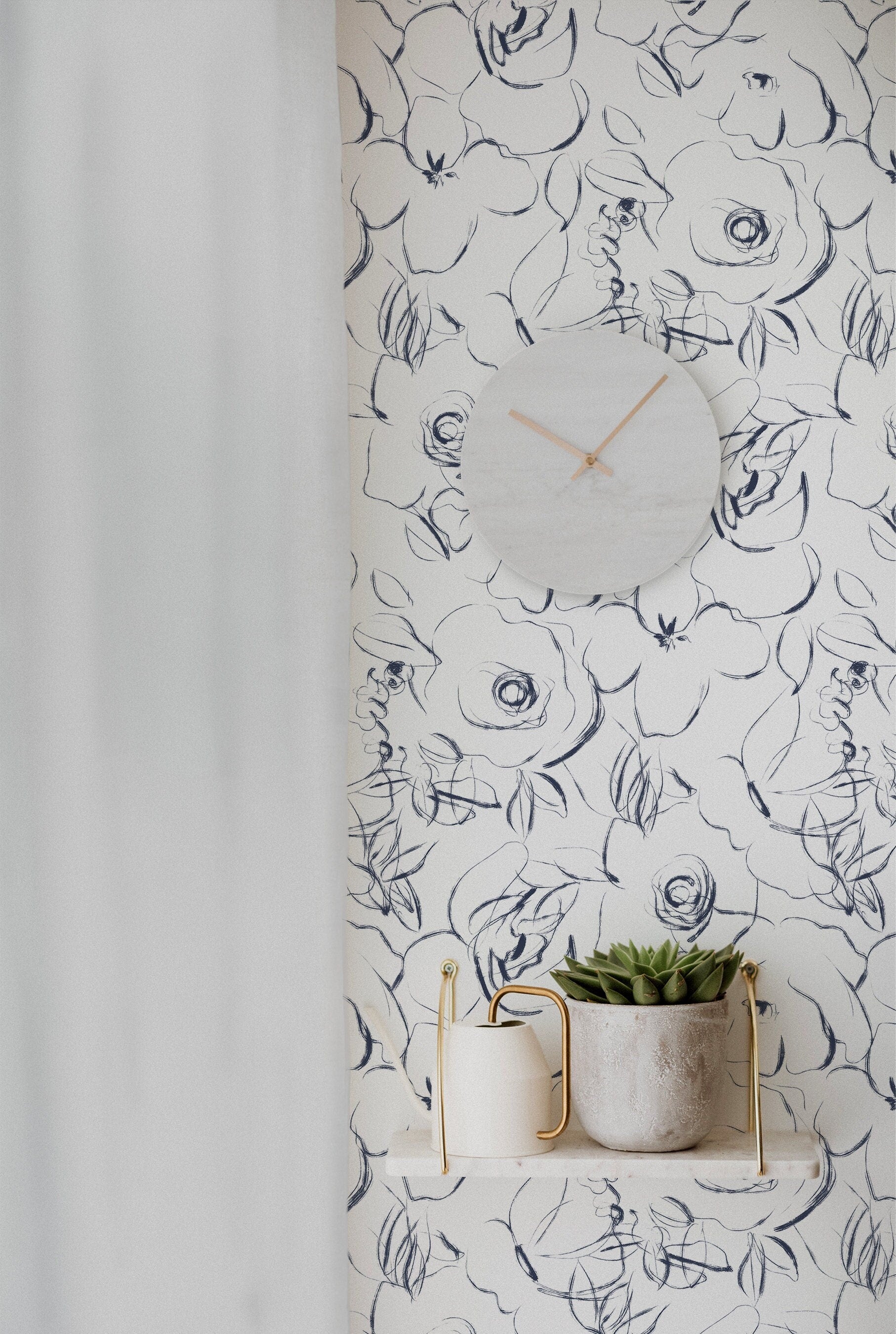White Navy Floral Wallpaper | Wallpaper Peel and Stick | Removable ...