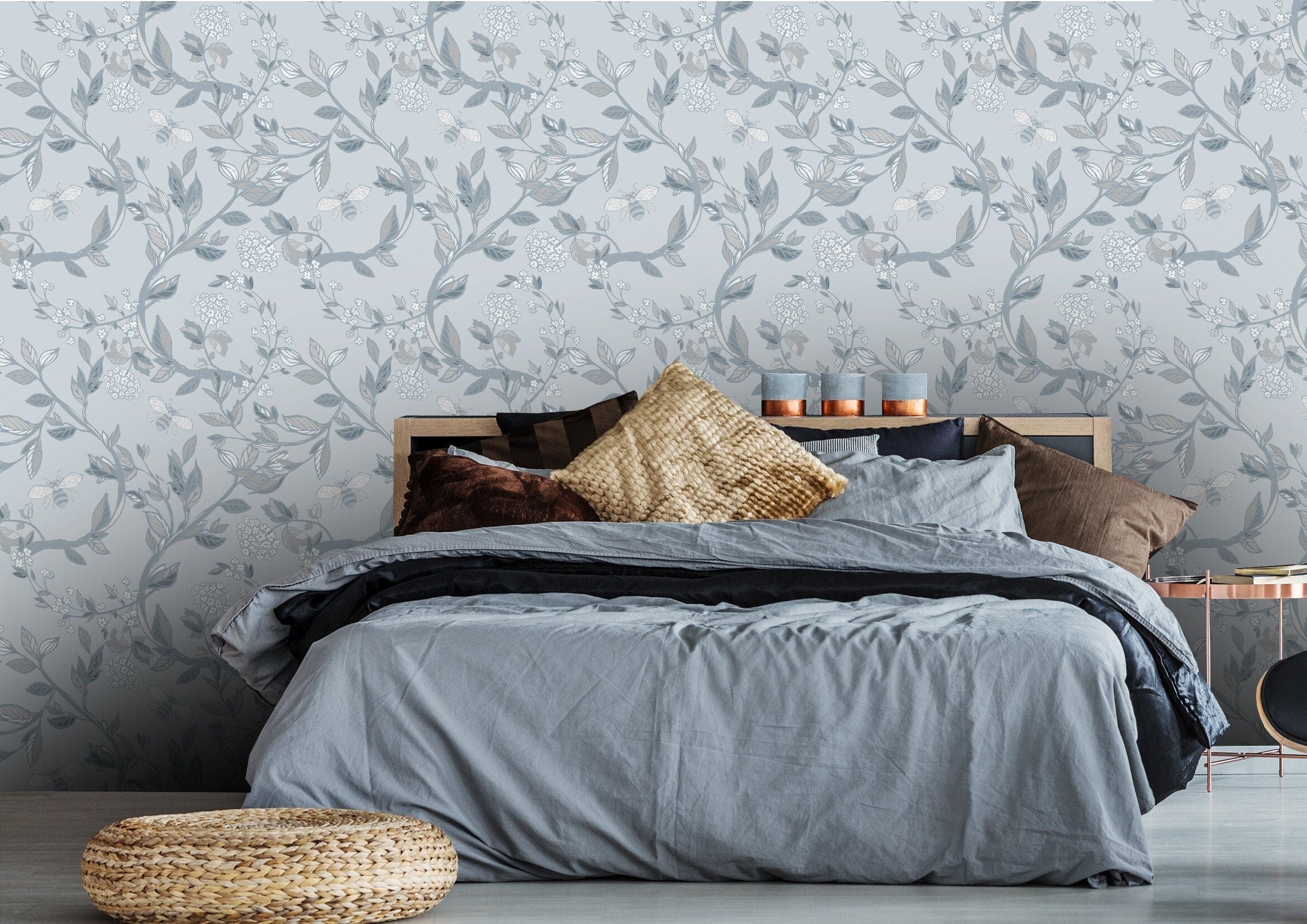 Gray Wash Bee Branches Floral Wallpaper | Wallpaper Peel and Stick | Removable Wallpaper | Wall Paper Peel And Stick 2069 - JamesAndColors