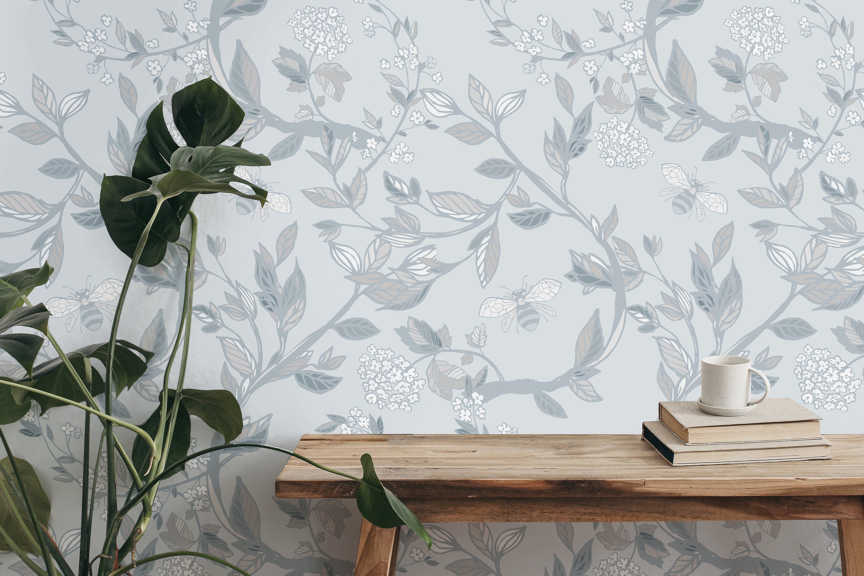 Gray Wash Bee Branches Floral Wallpaper | Wallpaper Peel and Stick | Removable Wallpaper | Wall Paper Peel And Stick 2069 - JamesAndColors