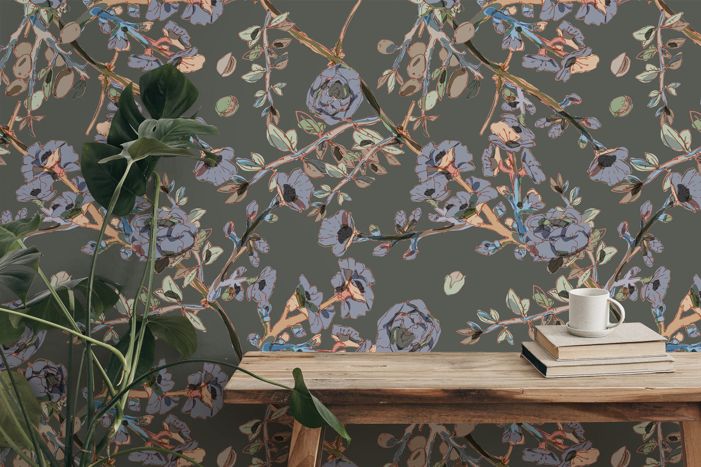 Removable Wallpaper Gray Floral Branch Wallpaper | Peel And Stick ...