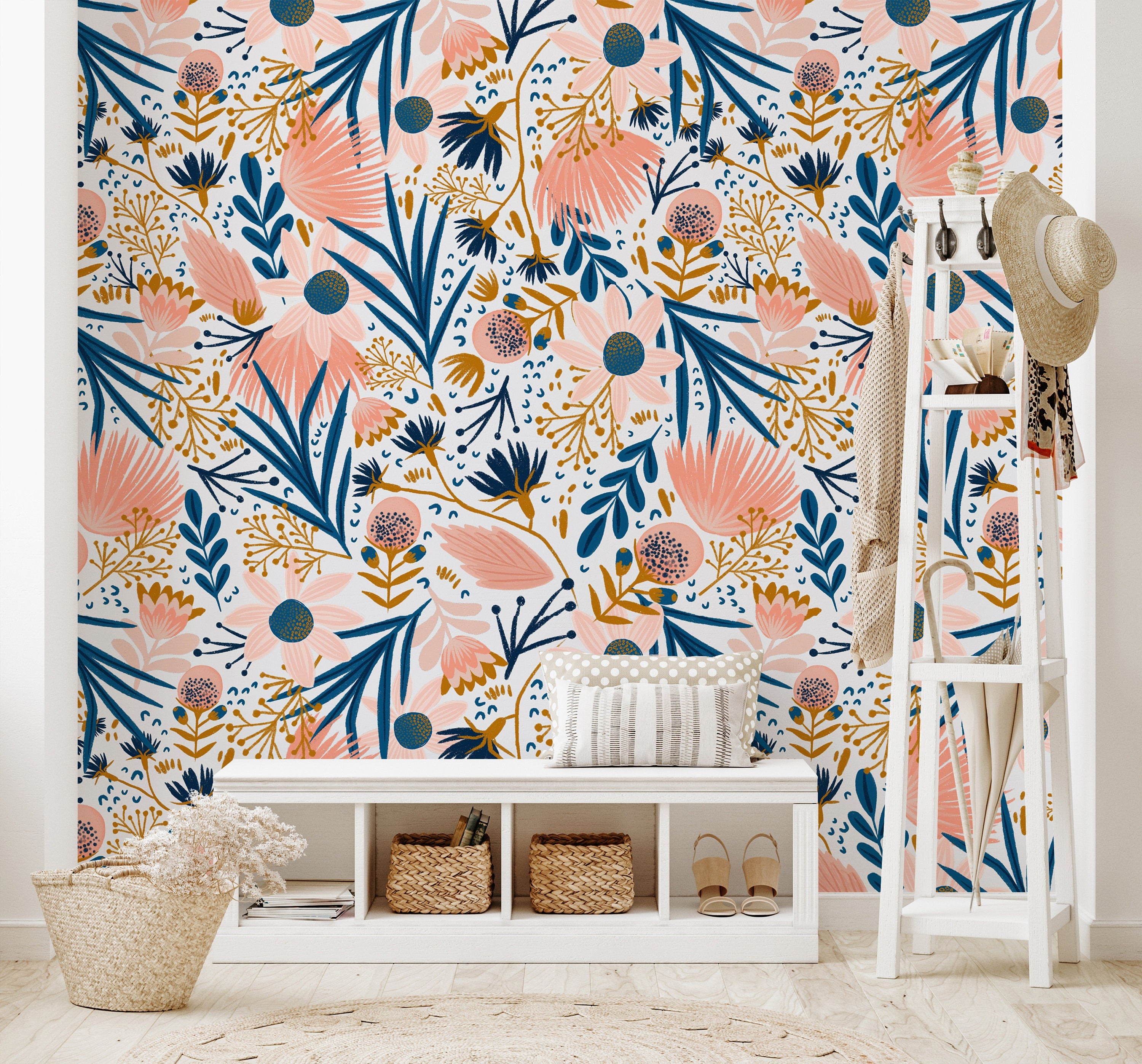 Buy White and Navy Blue Floral Wallpaper Online In India  Etsy India