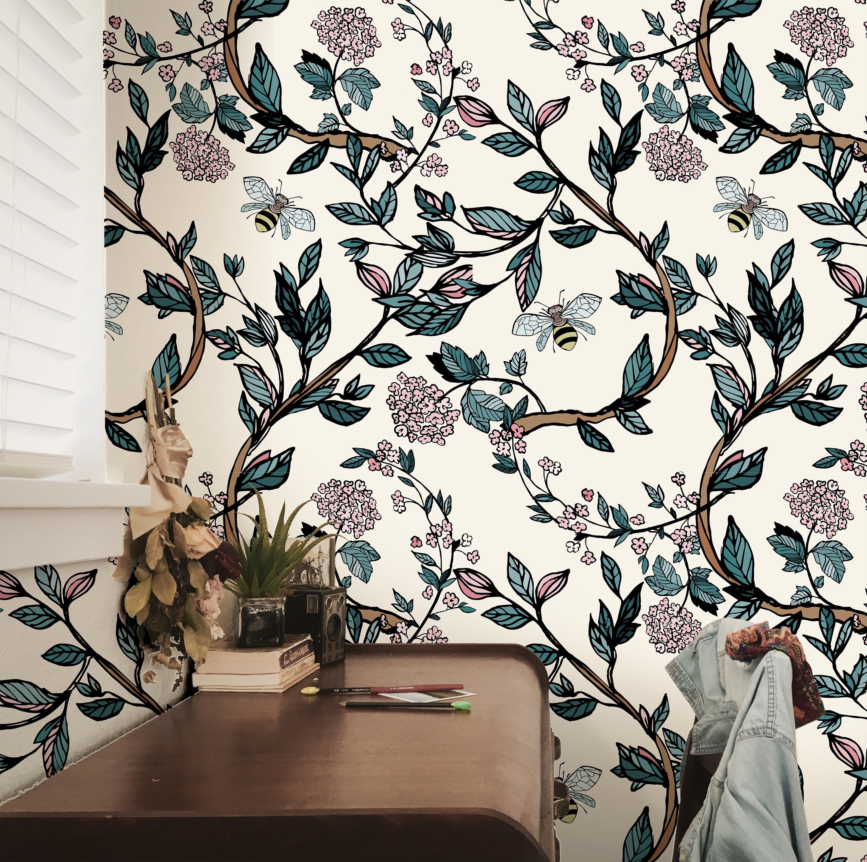 Floral Bee Branches Floral Wallpaper | Wallpaper Peel and Stick ...