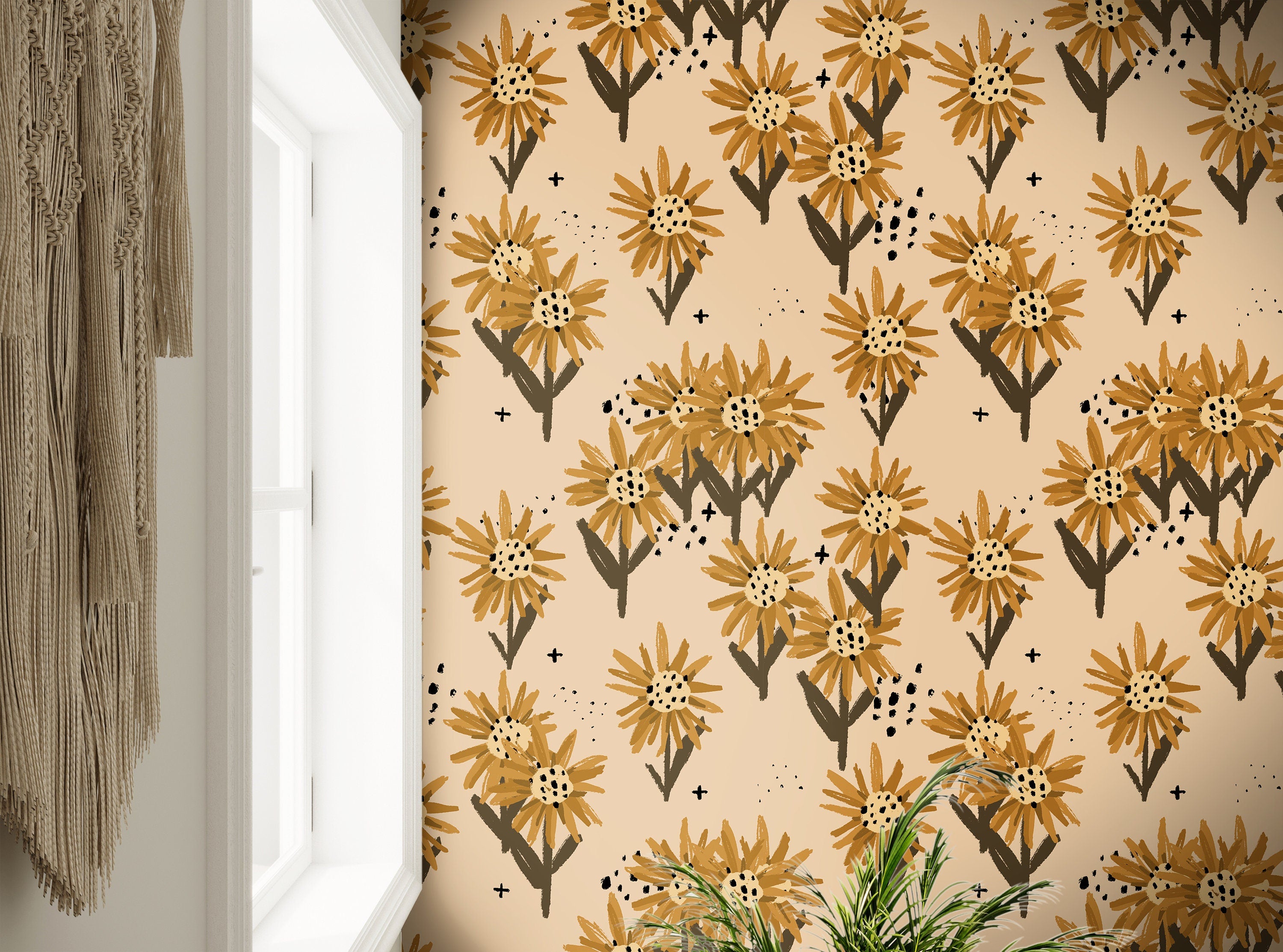 Wallpaper Peel and Stick Wallpaper Boho Golden Sunflowers Floral Removable Wallpaper Wall Decor Home Decor Wall Art Room Decor 3775 - JamesAndColors