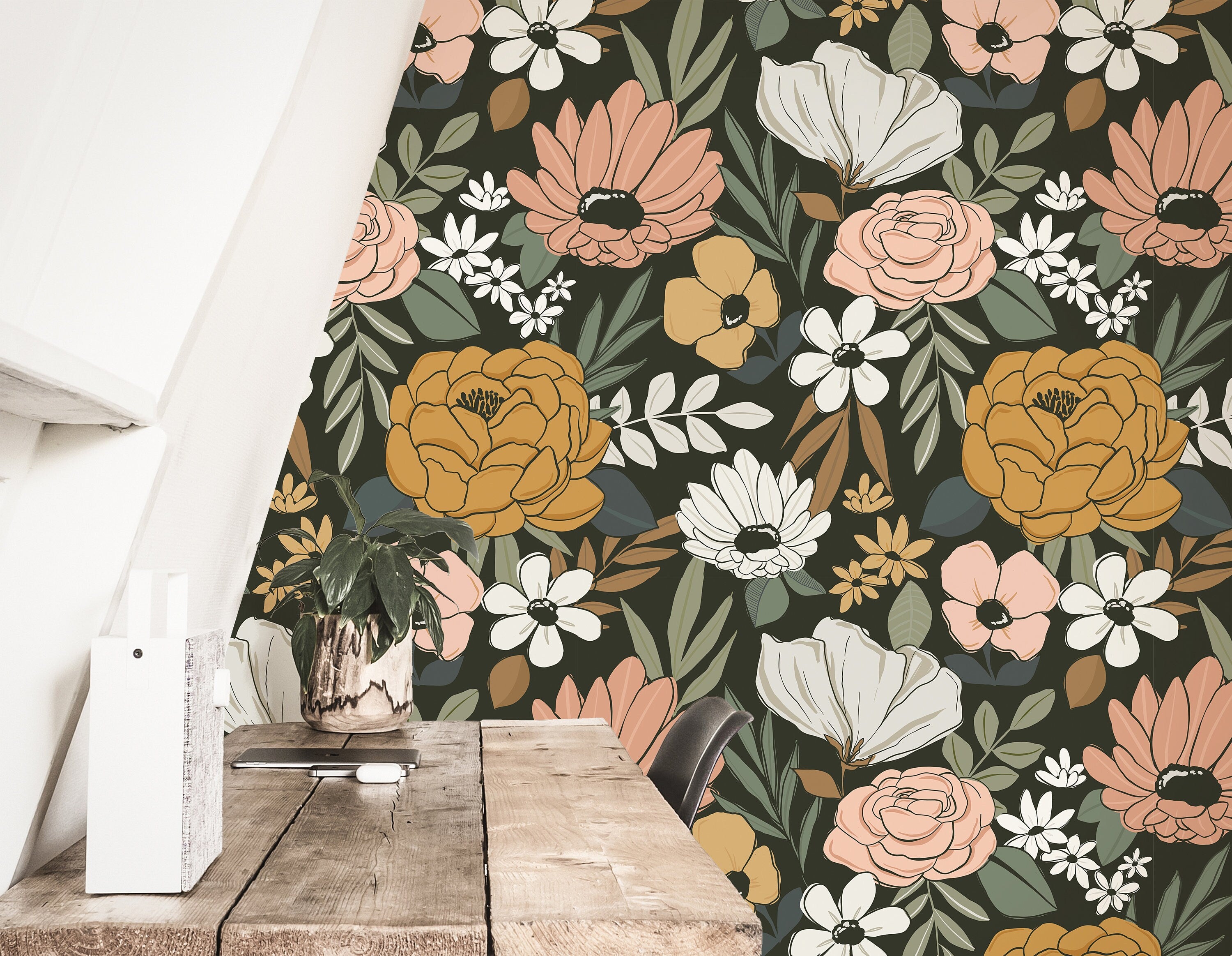 Dark Floral Wallpaper Peel and Stick Removable wallpaper Traditional w   Scandi Home