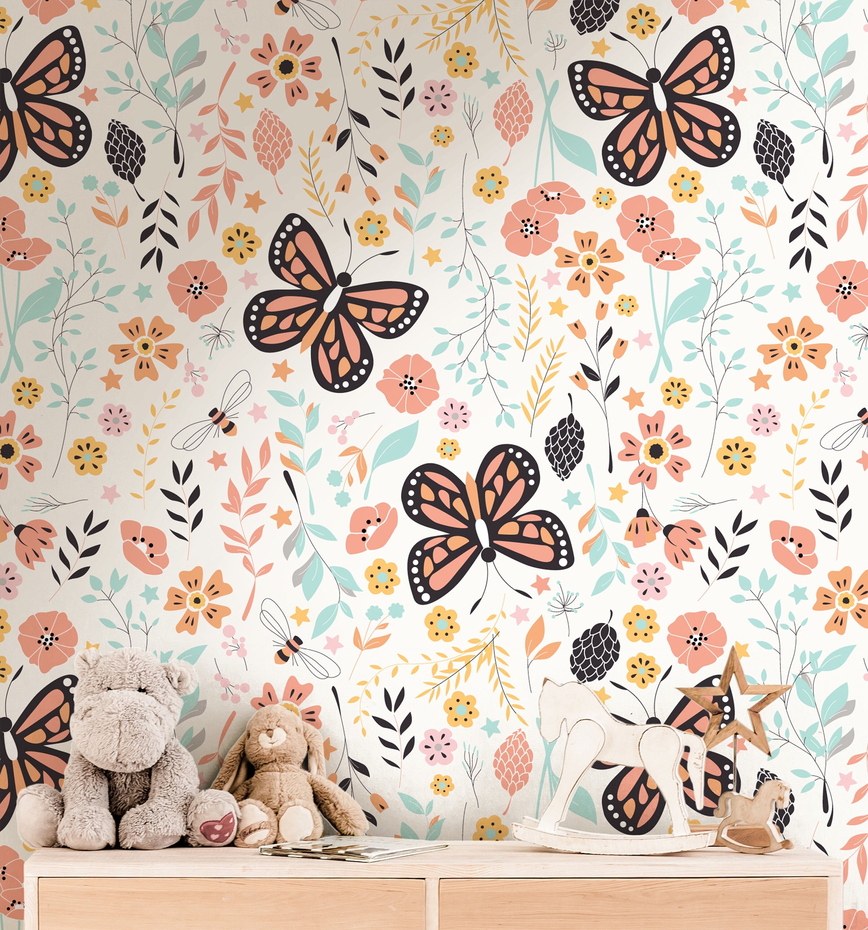 Floral Butterfly Wallpaper | Girls Nursery Wallpaper | Kids Wallpaper | Childrens Wallpaper | Peel Stick Removable Wallpaper | 3912 - JamesAndColors