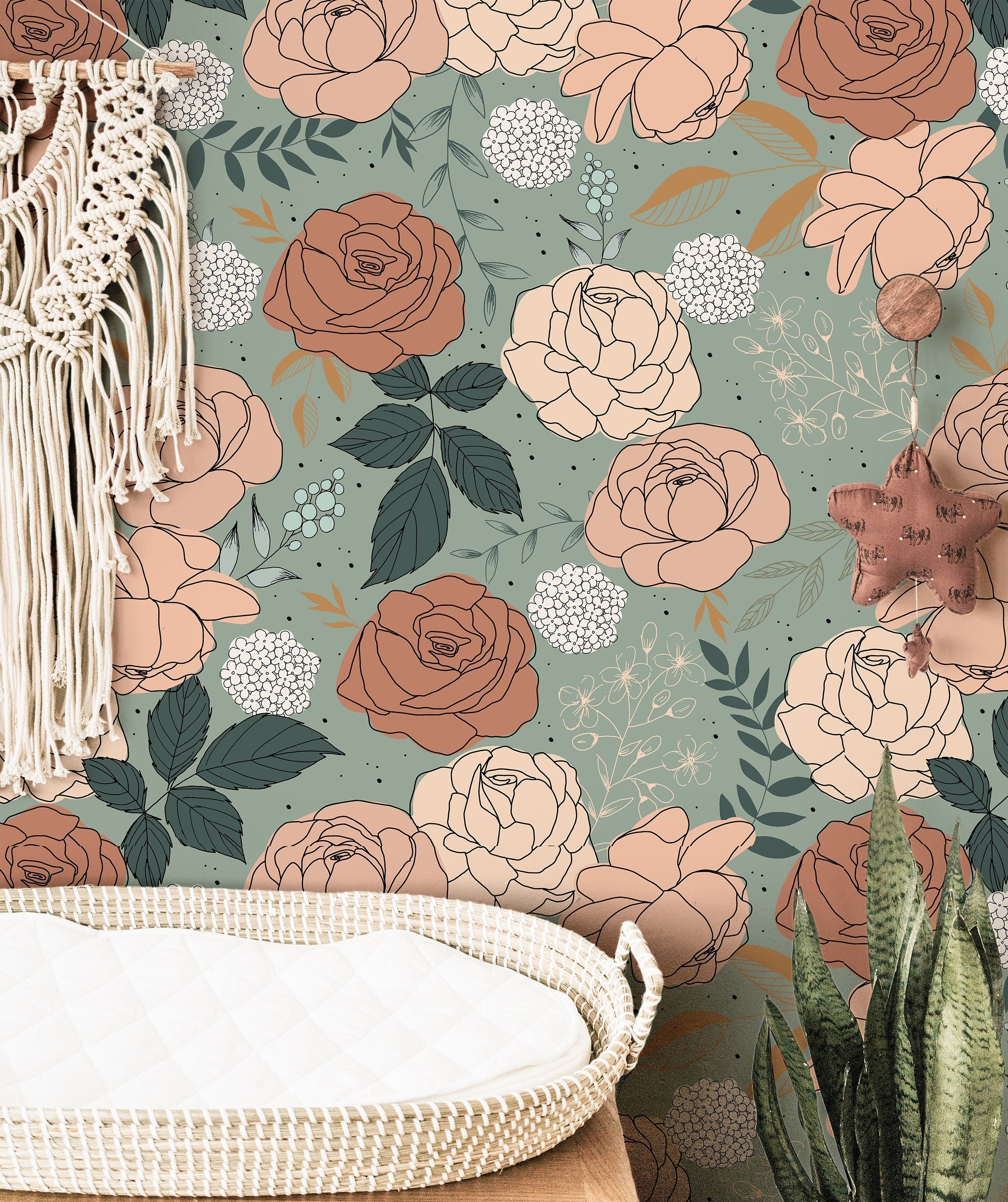 Teal Rose Boho Floral Wallpaper | Girls Nursery Wallpaper | Kids Wallpaper | Childrens Wallpaper | Peel Stick Removable Wallpaper | 166 - JamesAndColors