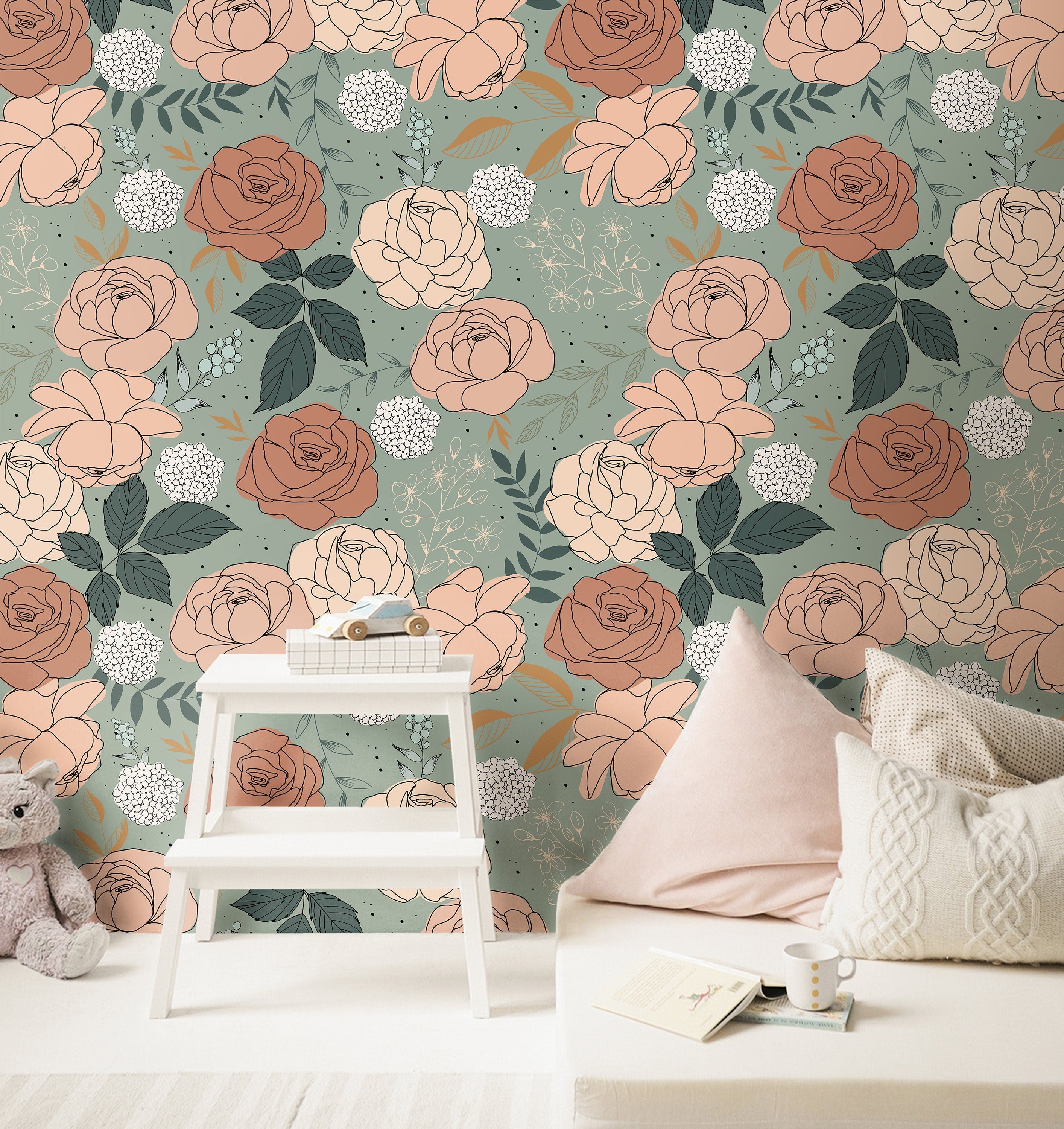 Teal Rose Boho Floral Wallpaper | Girls Nursery Wallpaper | Kids Wallpaper | Childrens Wallpaper | Peel Stick Removable Wallpaper | 166 - JamesAndColors