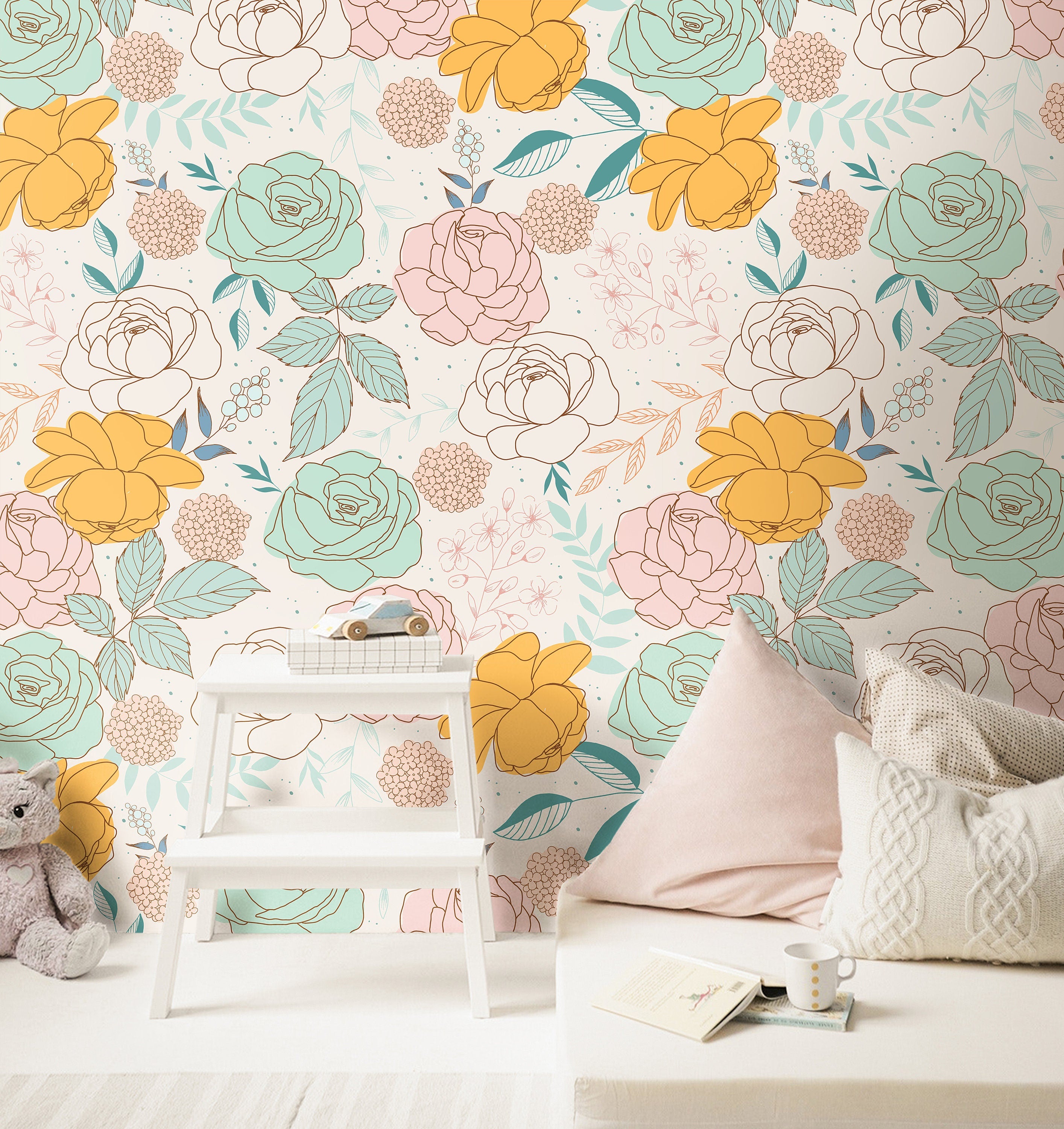 Mint Pink Yellow Floral Wallpaper | Girls Nursery Wallpaper | Kids ...