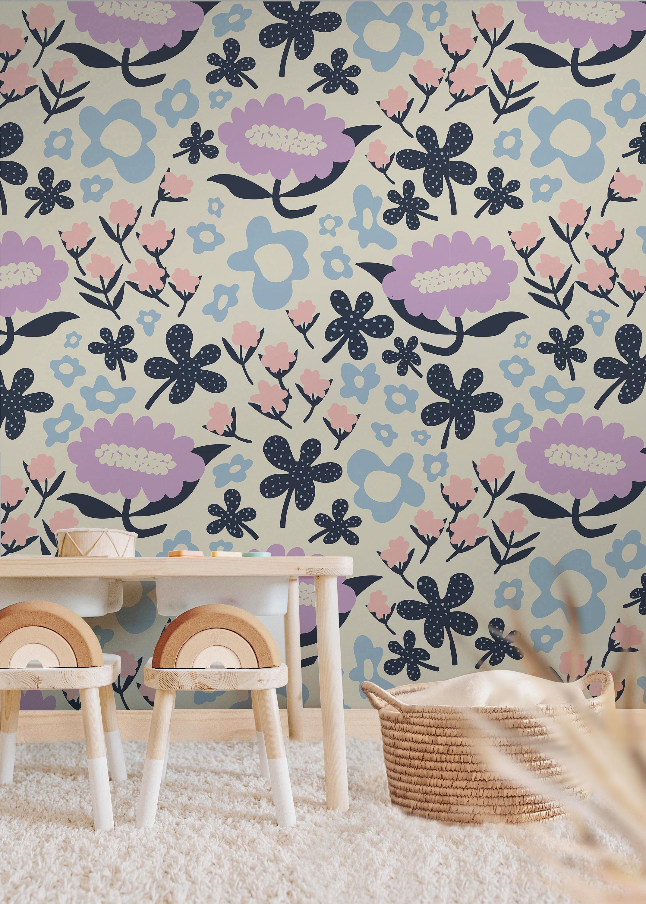 Floral Garden Wallpaper | Girls Nursery Wallpaper | Kids Wallpaper | Childrens Wallpaper | Peel Stick Removable Wallpaper | 356