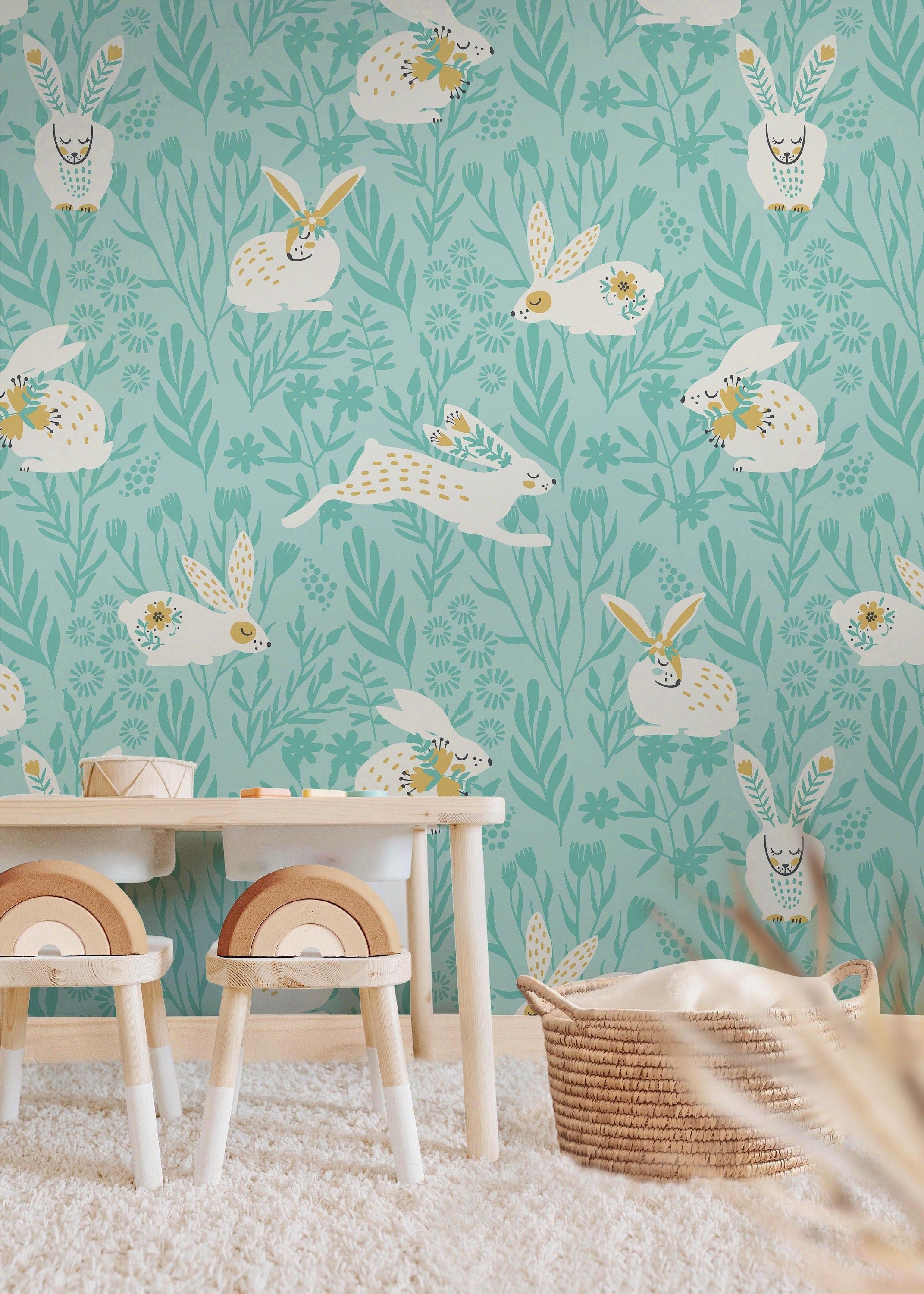 Floral Bunnies Wallpaper | Girls Nursery Wallpaper | Kids Wallpaper | Childrens Wallpaper | Peel Stick Removable Wallpaper | 357