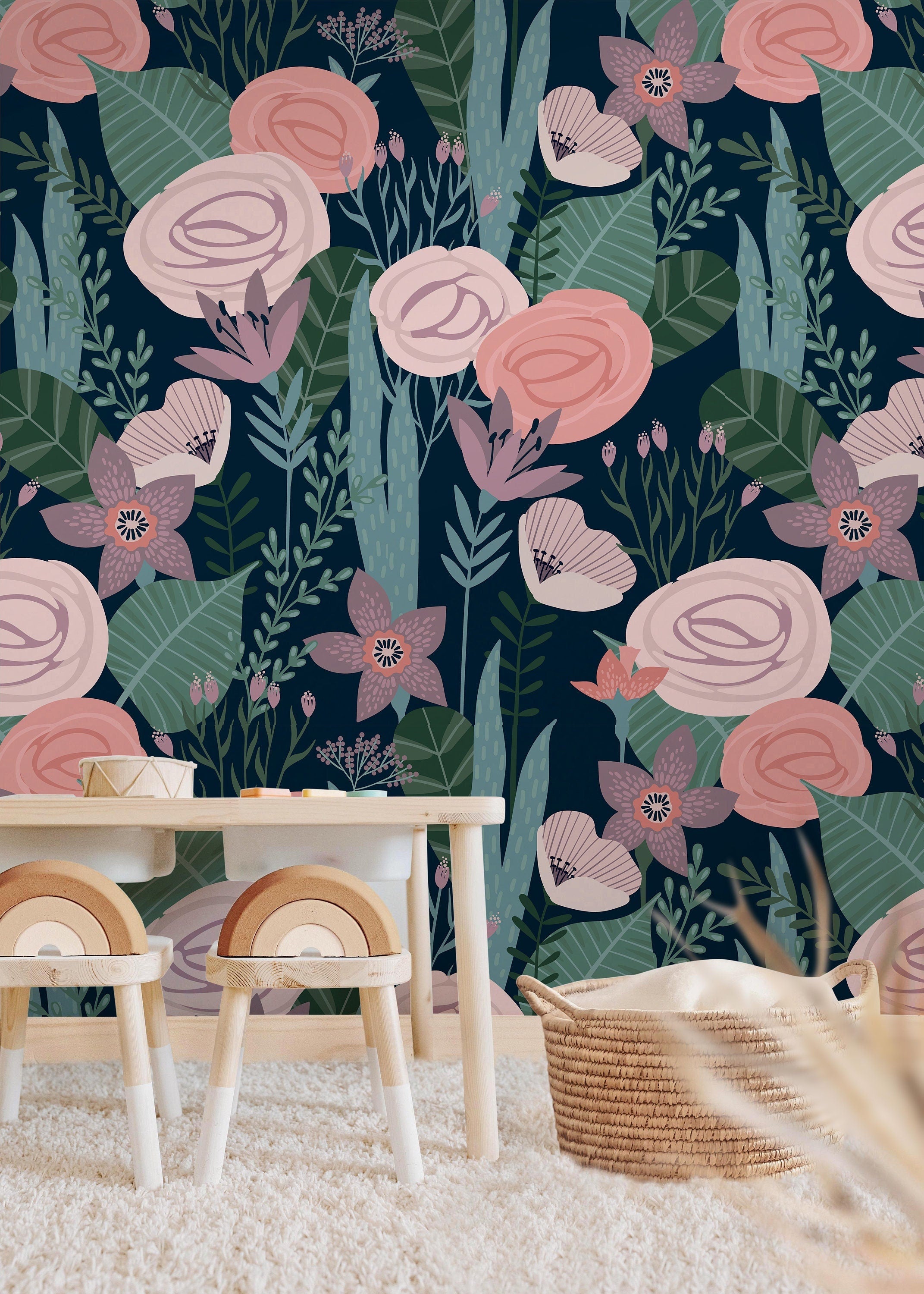 Dark Tropical Floral Wallpaper | Girls Nursery Wallpaper | Kids Wallpaper | Childrens Wallpaper | Peel Stick Removable Wallpaper | 358