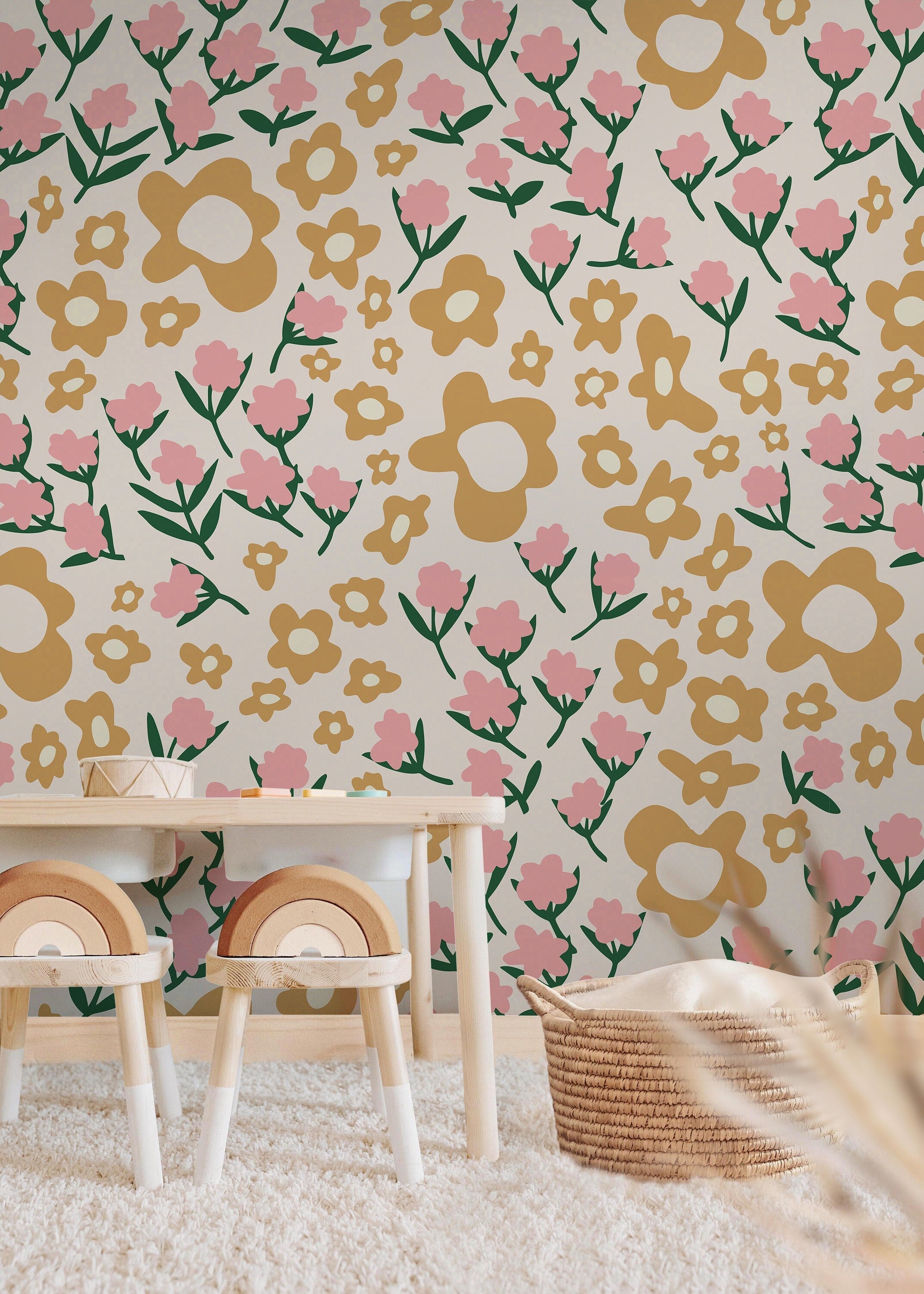 Floral Garden Wallpaper | Girls Nursery Wallpaper | Kids Wallpaper | Childrens Wallpaper | Peel Stick Removable Wallpaper | 354