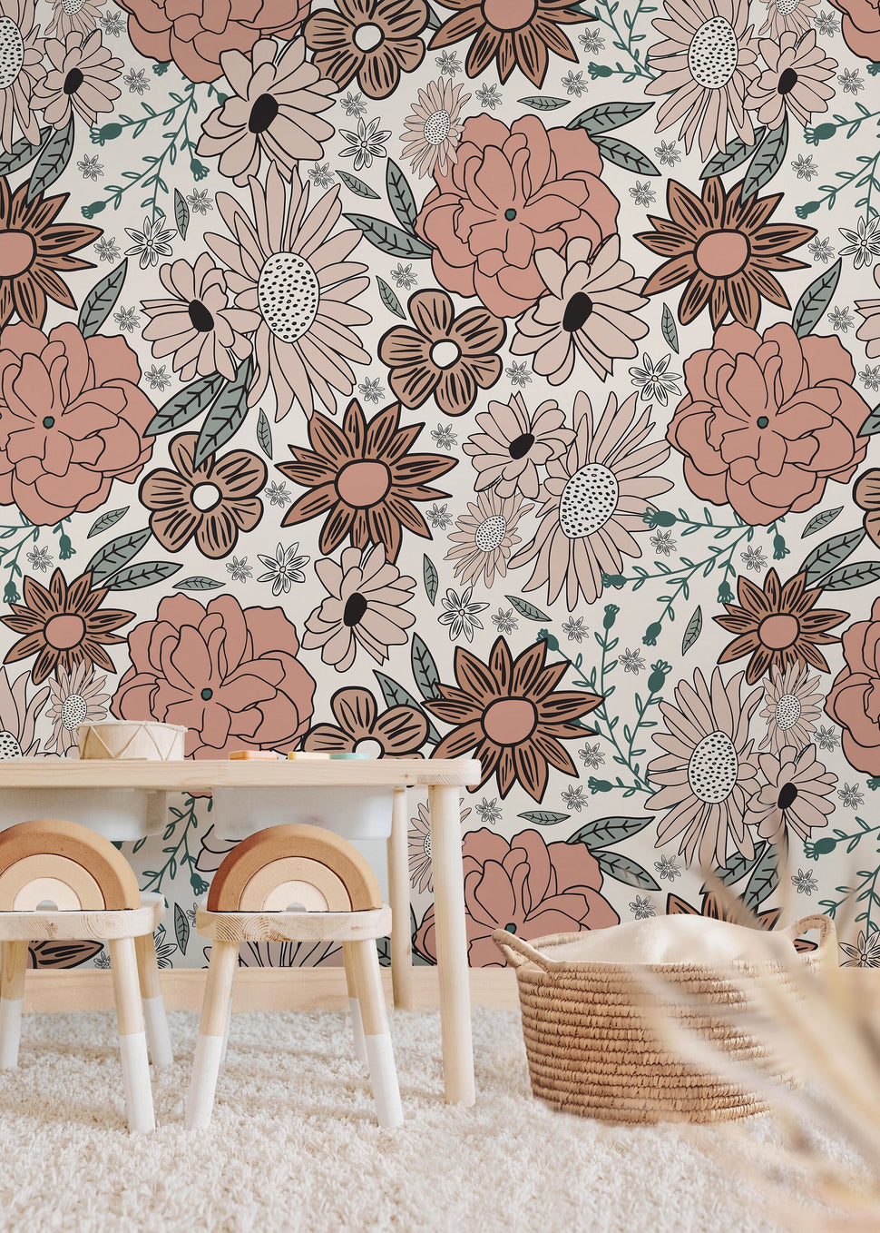 Muted Florals Boho Wallpaper | Girls Nursery Wallpaper | Kids Wallpaper ...