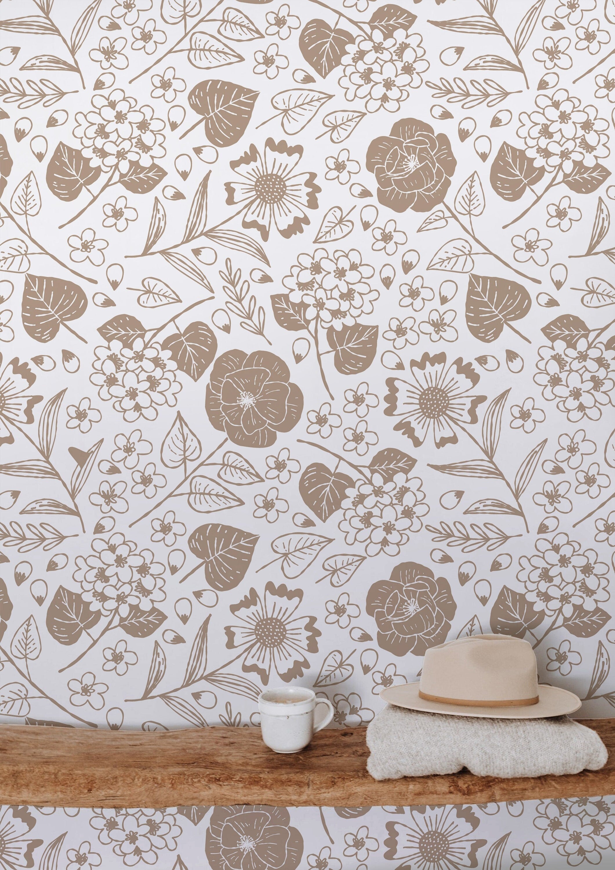 Wallpaper Peel and Stick Wallpaper Cream Tan Floral Removable Wallpaper Wall Decor Home Decor Wall Art Room Decor 412