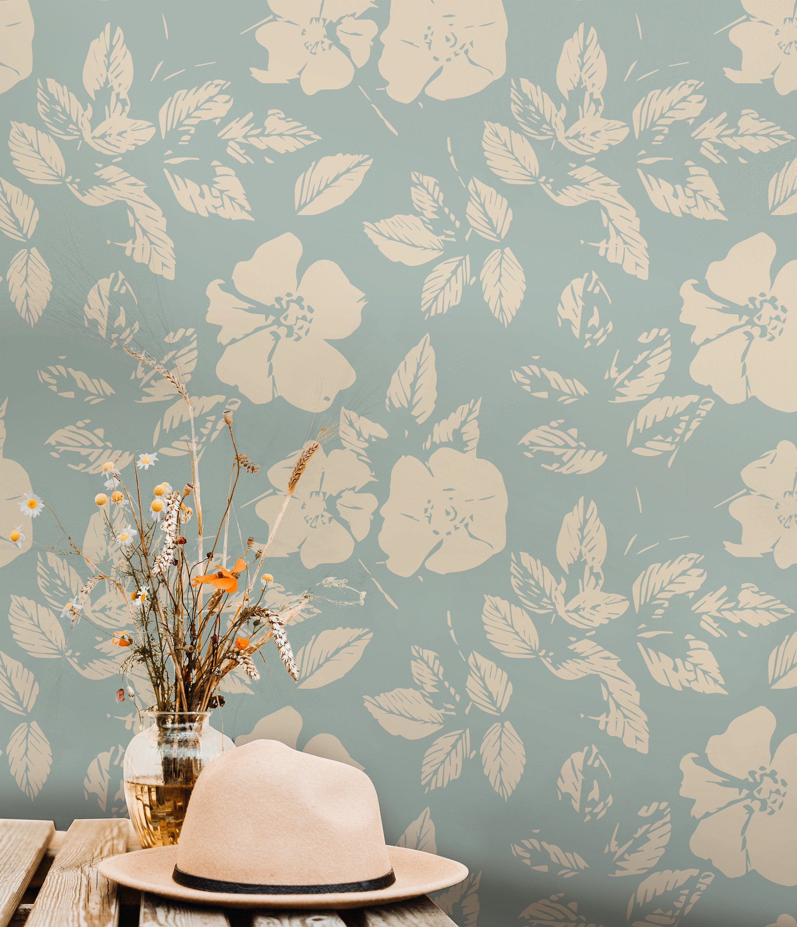 Wallpaper Peel and Stick Wallpaper Muted Sea Blue Cream Floral Removable Wallpaper Wall Decor Home Decor Wall Art Room Decor 405