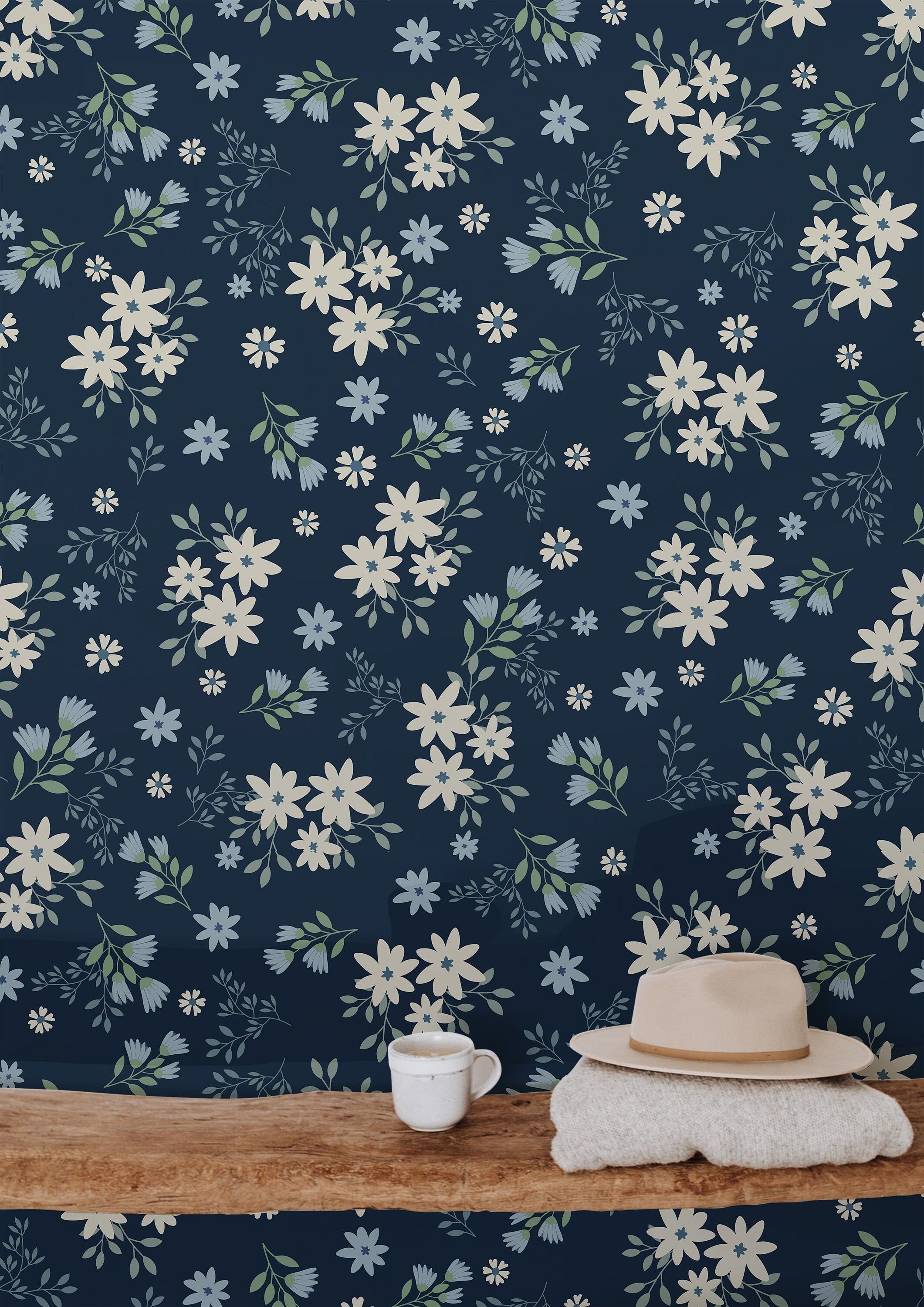 Dark Navy Floral Garden Pattern Wallpaper