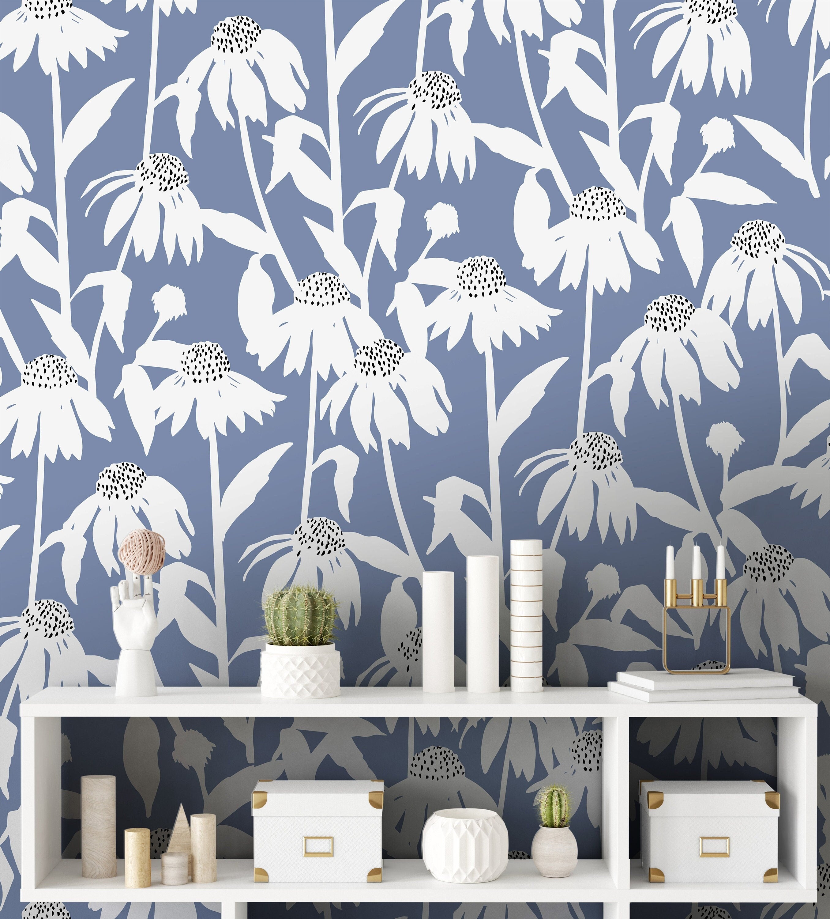 Wallpaper Peel and Stick Wallpaper Blue White Daisy Floral Removable Wallpaper Wall Decor Home Decor Wall Art Room Decor 511