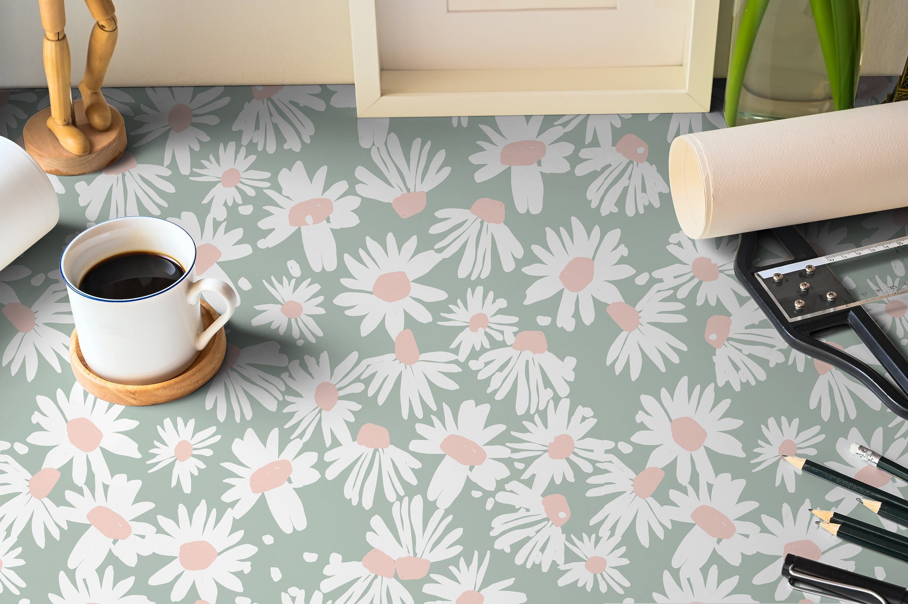 Mint And Pink Floral Contact Paper | Peel And Stick Wallpaper | Removable Wallpaper | Shelf Liner | Drawer Liner Peel and Stick Paper 1566