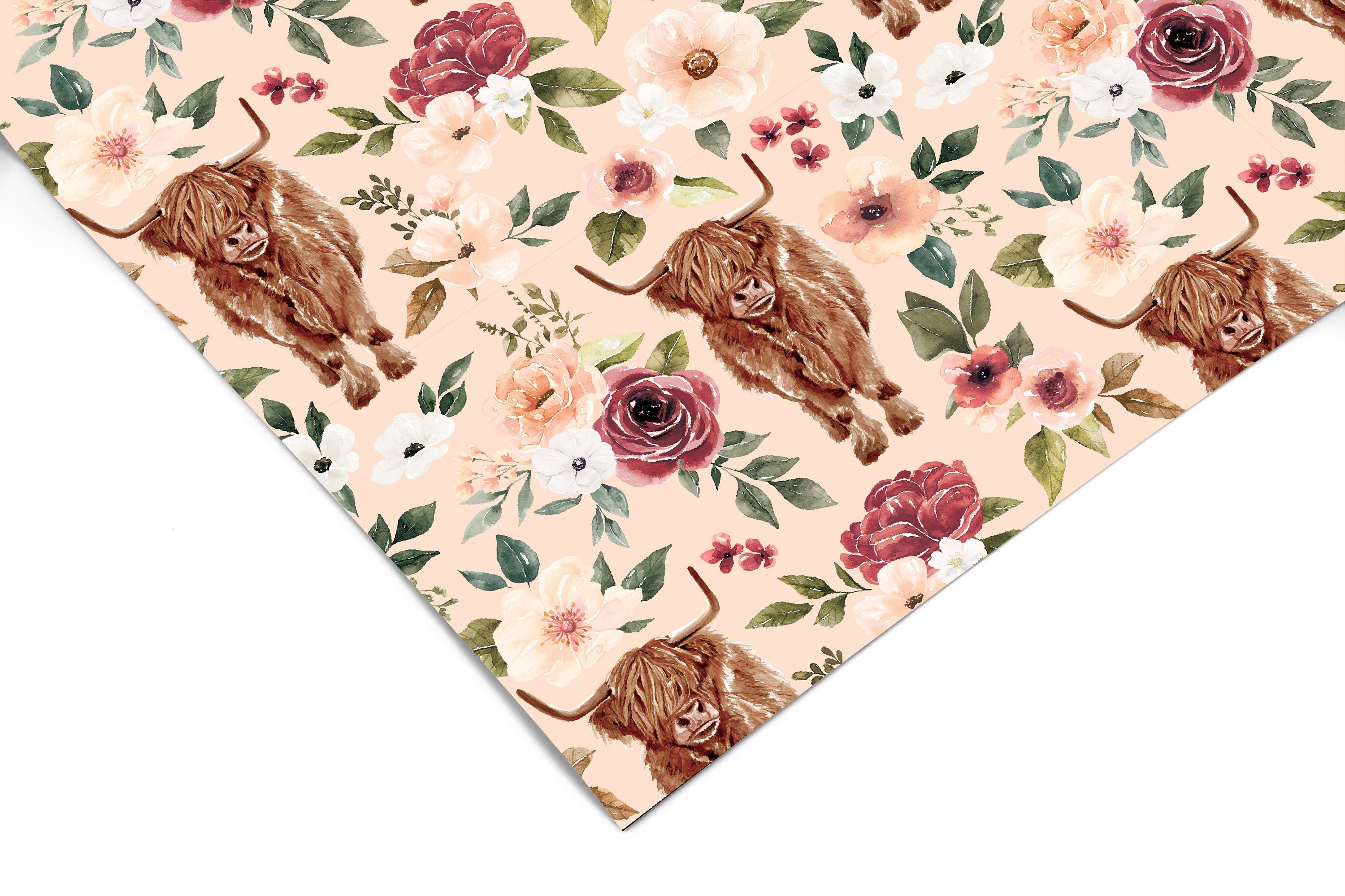 Floral Highland Cow Contact Paper | Peel And Stick Wallpaper | Removable Wallpaper | Shelf Liner | Drawer Liner | Peel and Stick Paper 1582