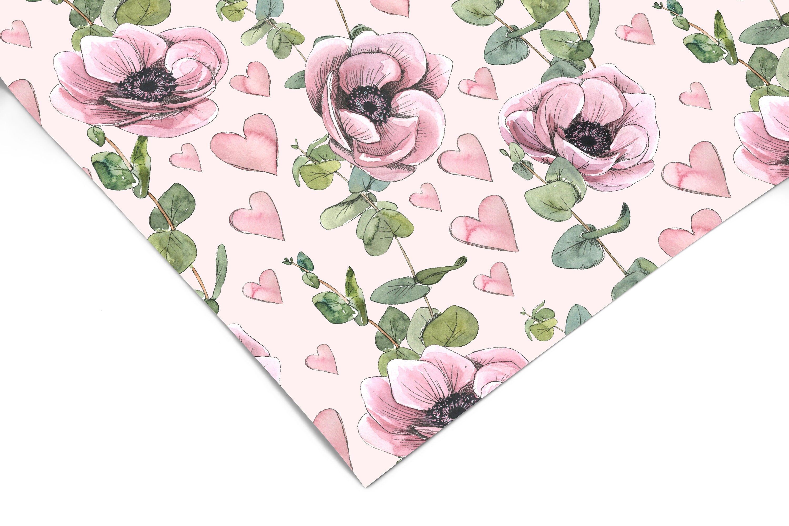 Pink Floral Hearts Contact Paper | Peel And Stick Wallpaper | Removable Wallpaper | Shelf Liner | Drawer Liner | Peel and Stick Paper 1616