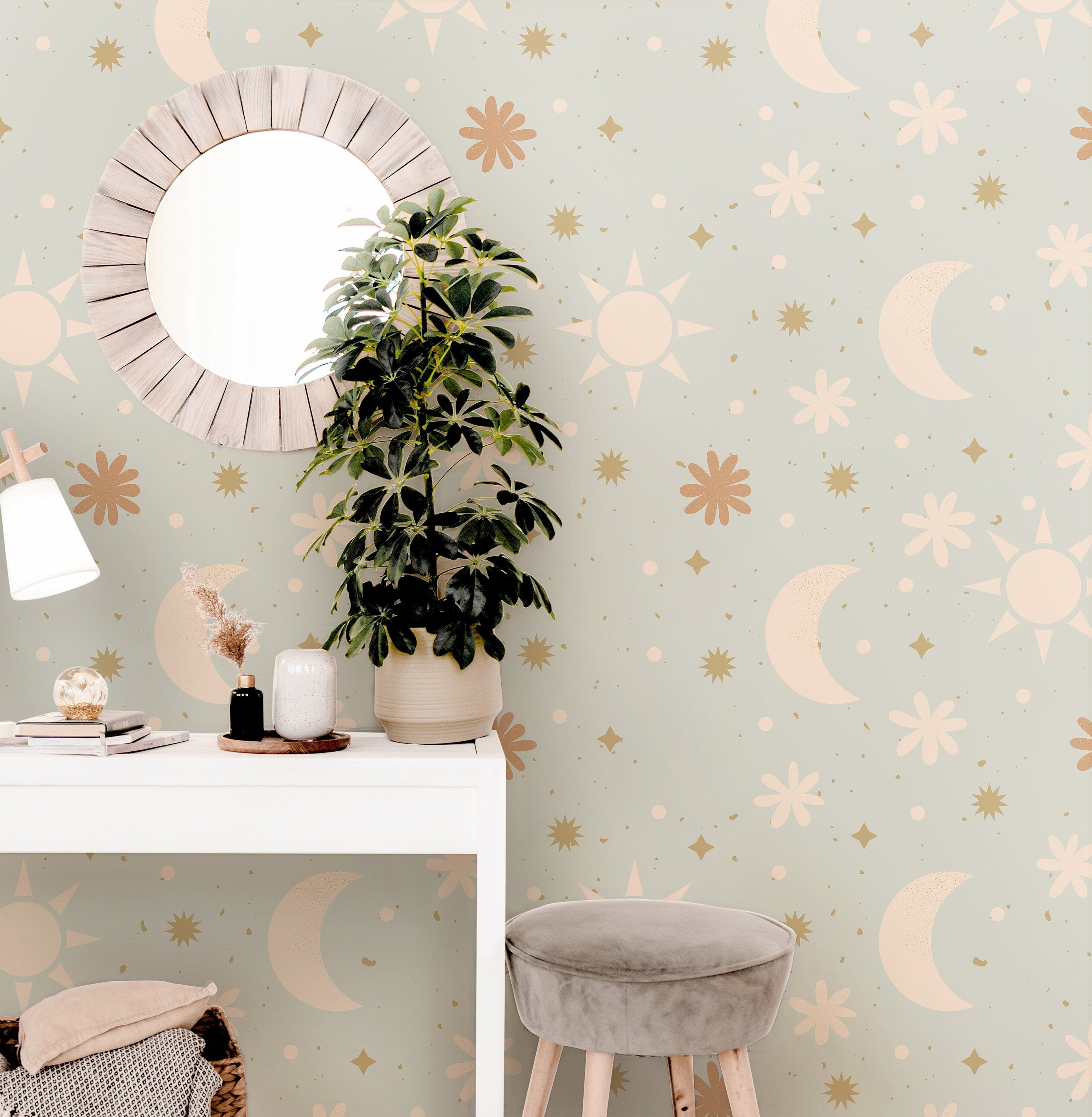 Mint Floral Golden Stars Moon Sun Boho Wallpaper Peel and Stick Wallpaper Removable Wallpaper Wall Decor Home Decor Wall Art Room Decor 888A