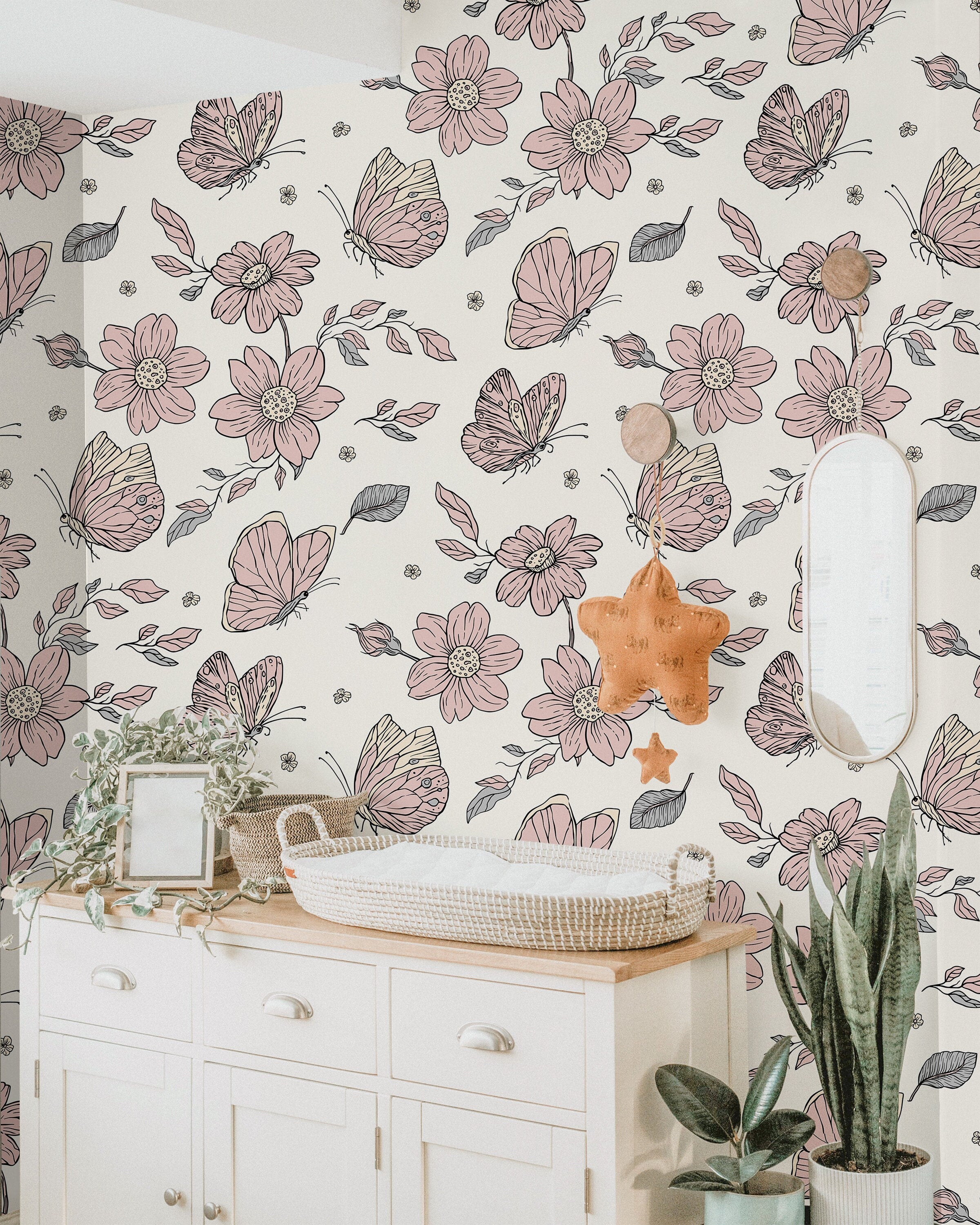 Pink Butterfly Floral Wallpaper | Girls Nursery Wallpaper | Kids Wallpaper | Childrens Wallpaper | Peel Stick Removable Wallpaper | 872