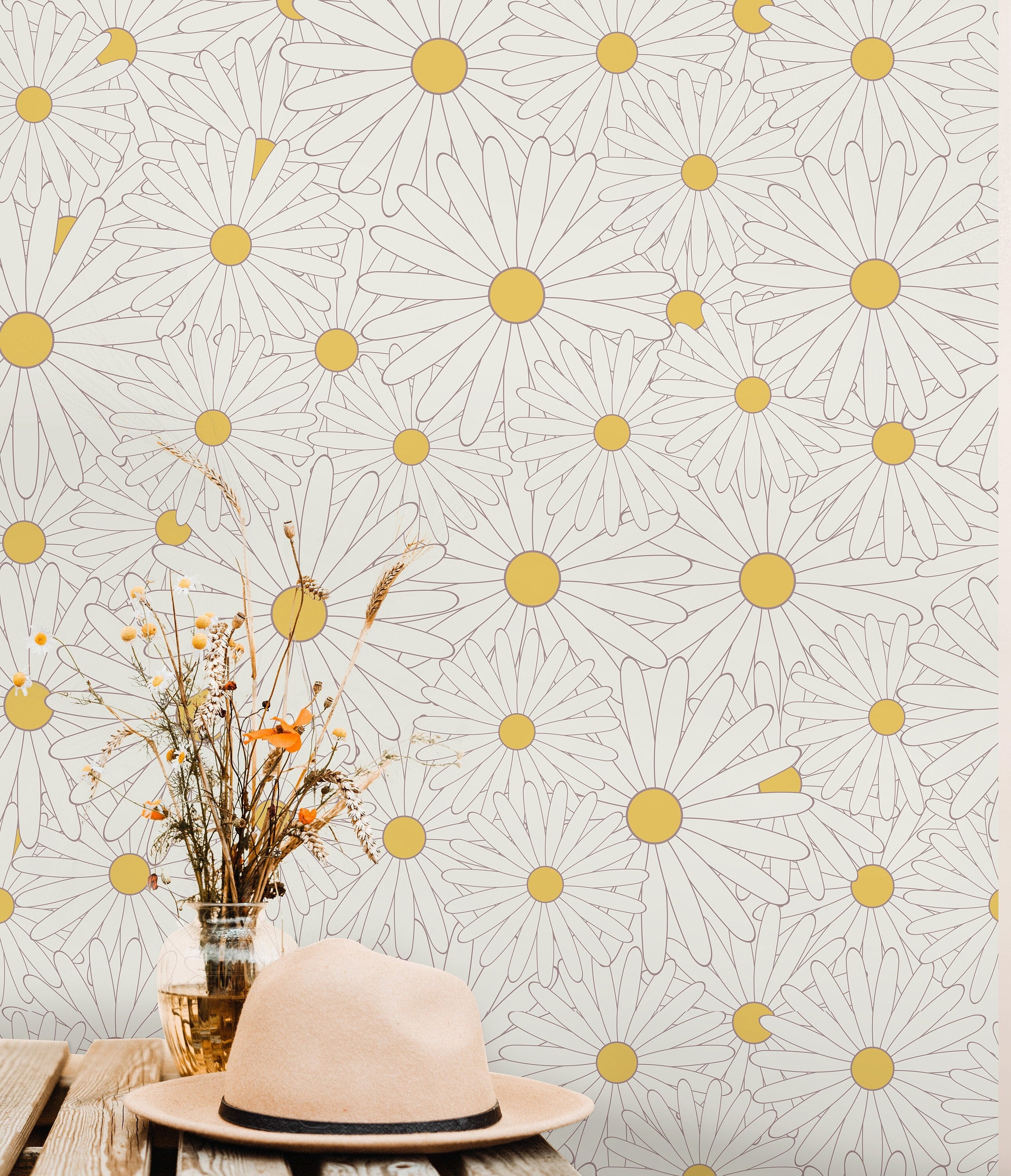 Yellow Daisy Floral Wallpaper Peel and Stick Wallpaper Removable Wallpaper Wall Decor Home Decor Wall Art Printable Wall Art Room Decor 922A