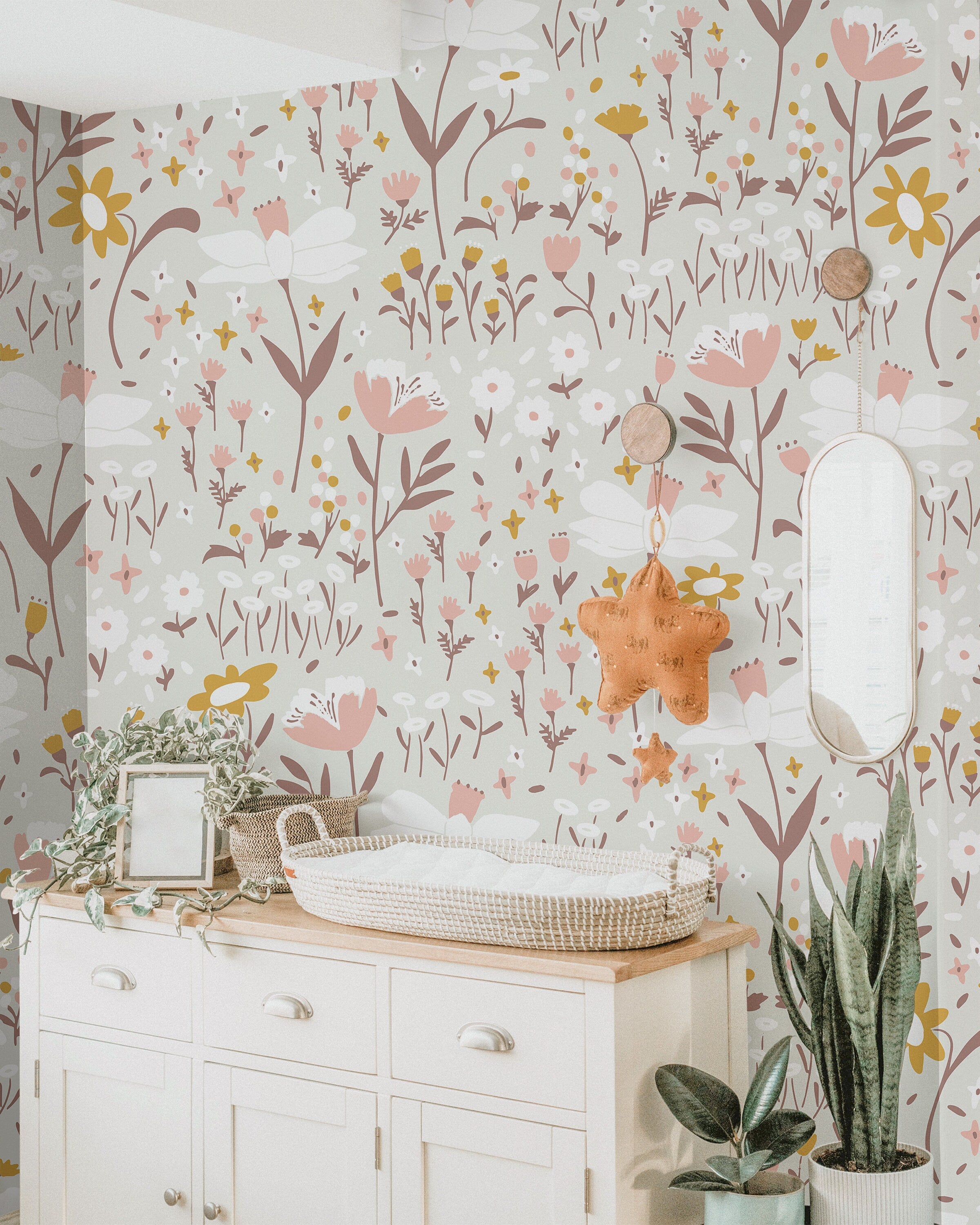 Pink Pastel Floral Garden Wallpaper | Girls Nursery Wallpaper | Kids Wallpaper | Childrens Wallpaper | Peel Stick Removable Wallpaper | 873