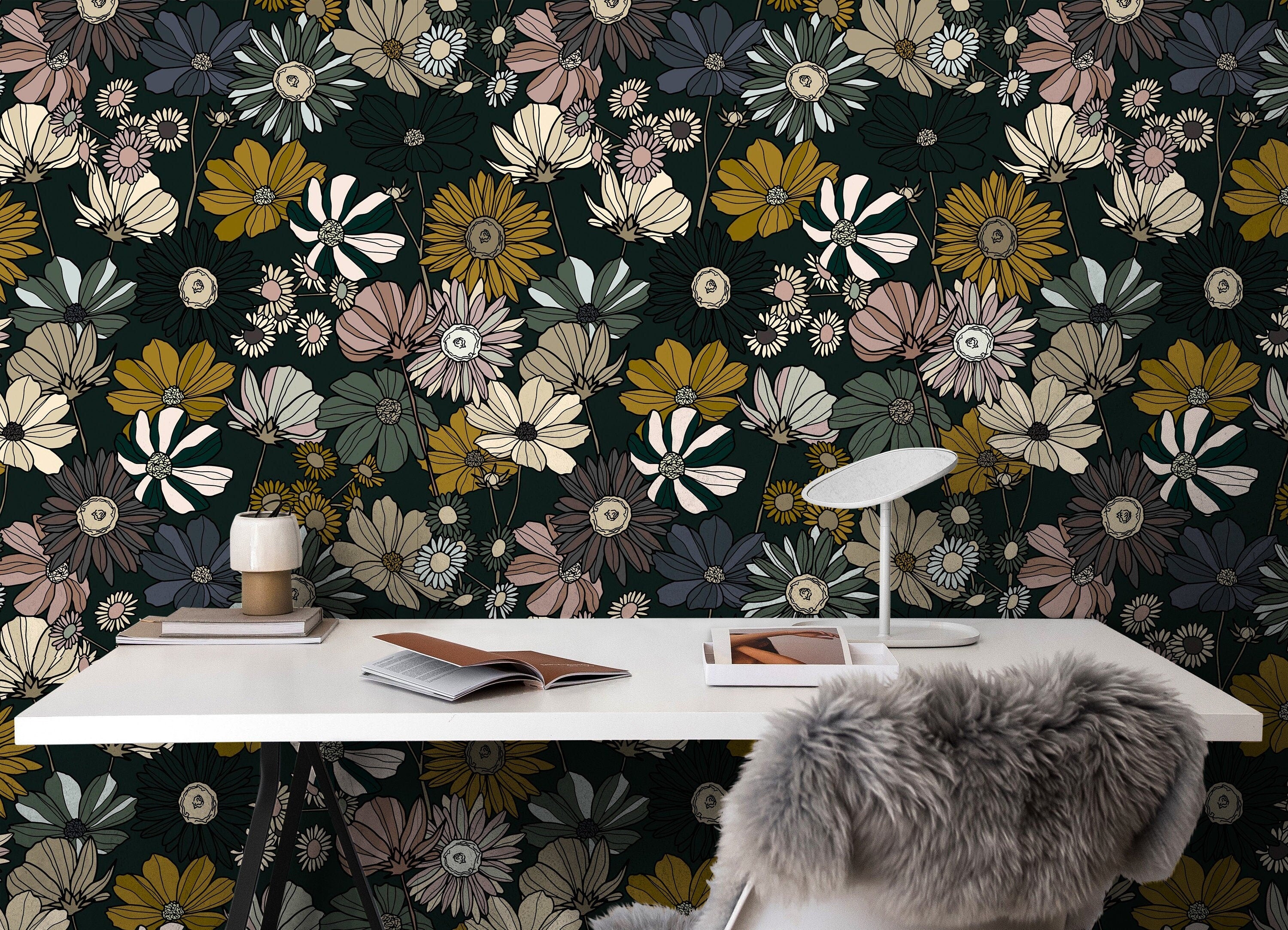 Dark Green Colorful Floral Vibrant Wallpaper Peel and Stick Wallpaper Removable Wallpaper Wall Decor Home Decor Wall Art Room Decor 866