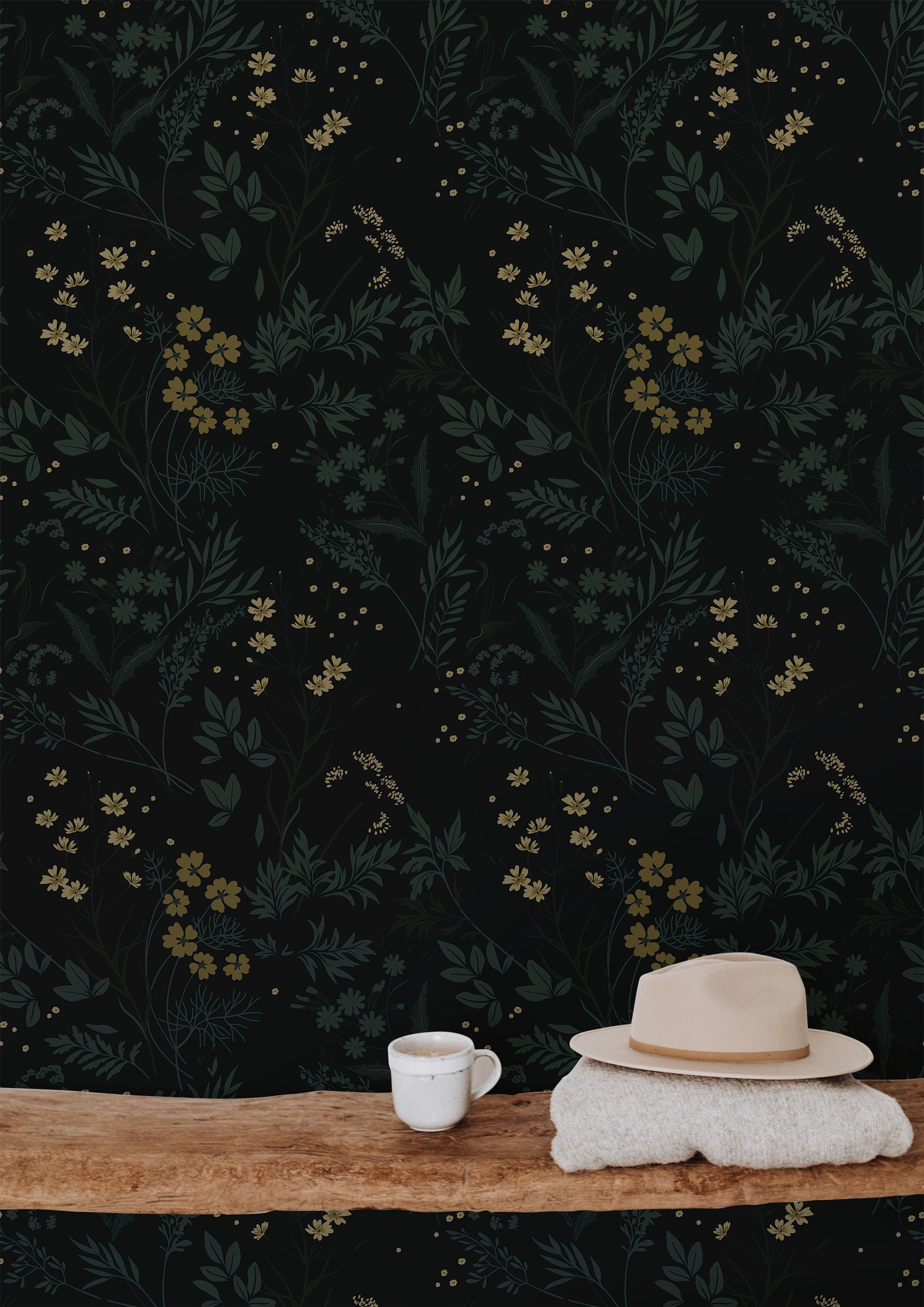 Dark Moody Garden Green Golden Floral Wallpaper Peel and Stick Wallpaper Removable Wallpaper Wall Decor Home Decor Wall Art Room Decor 863